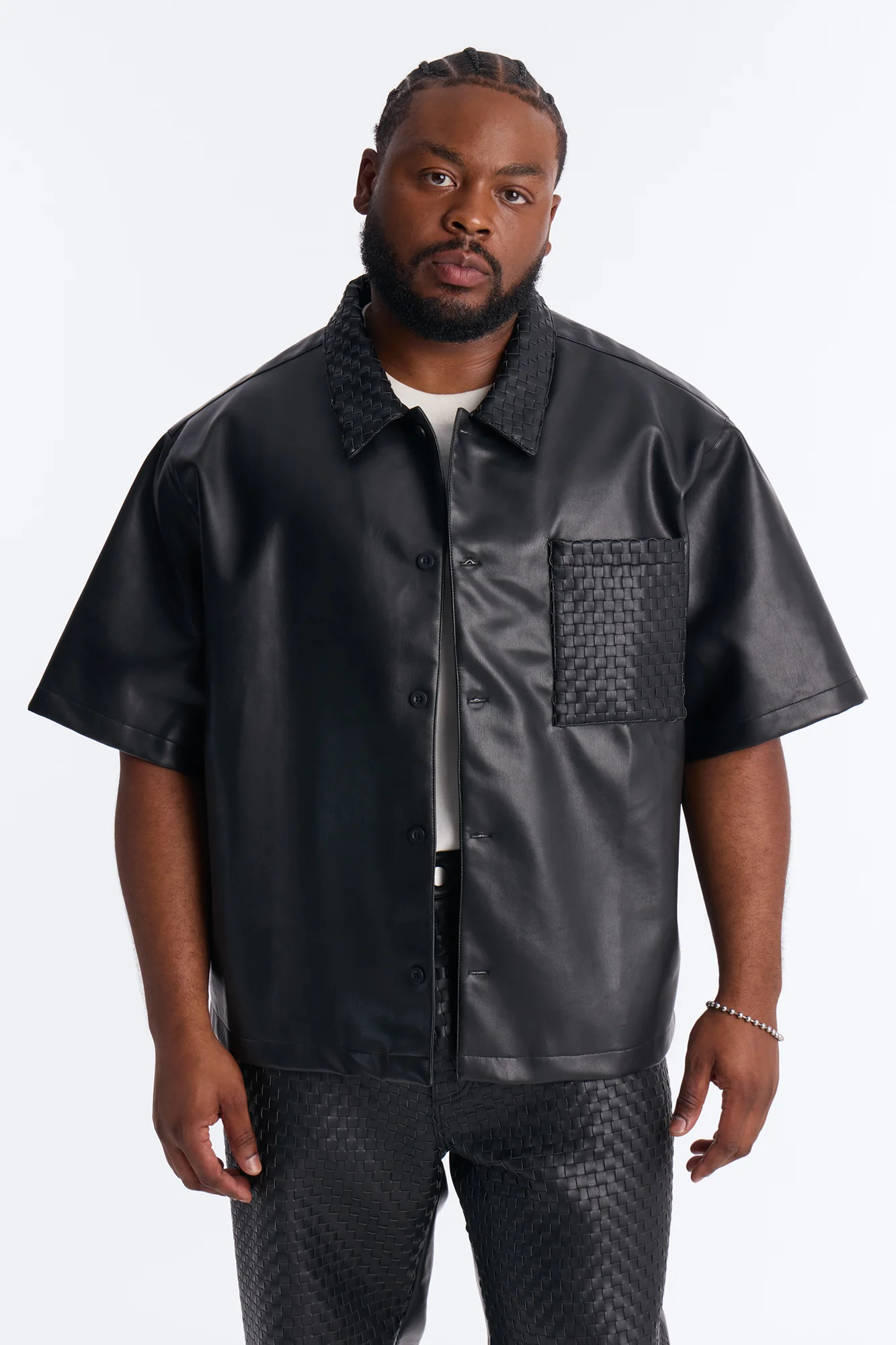 Dont Cross Me Weaved Faux Leather Cropped Shirt - Black - Image 5