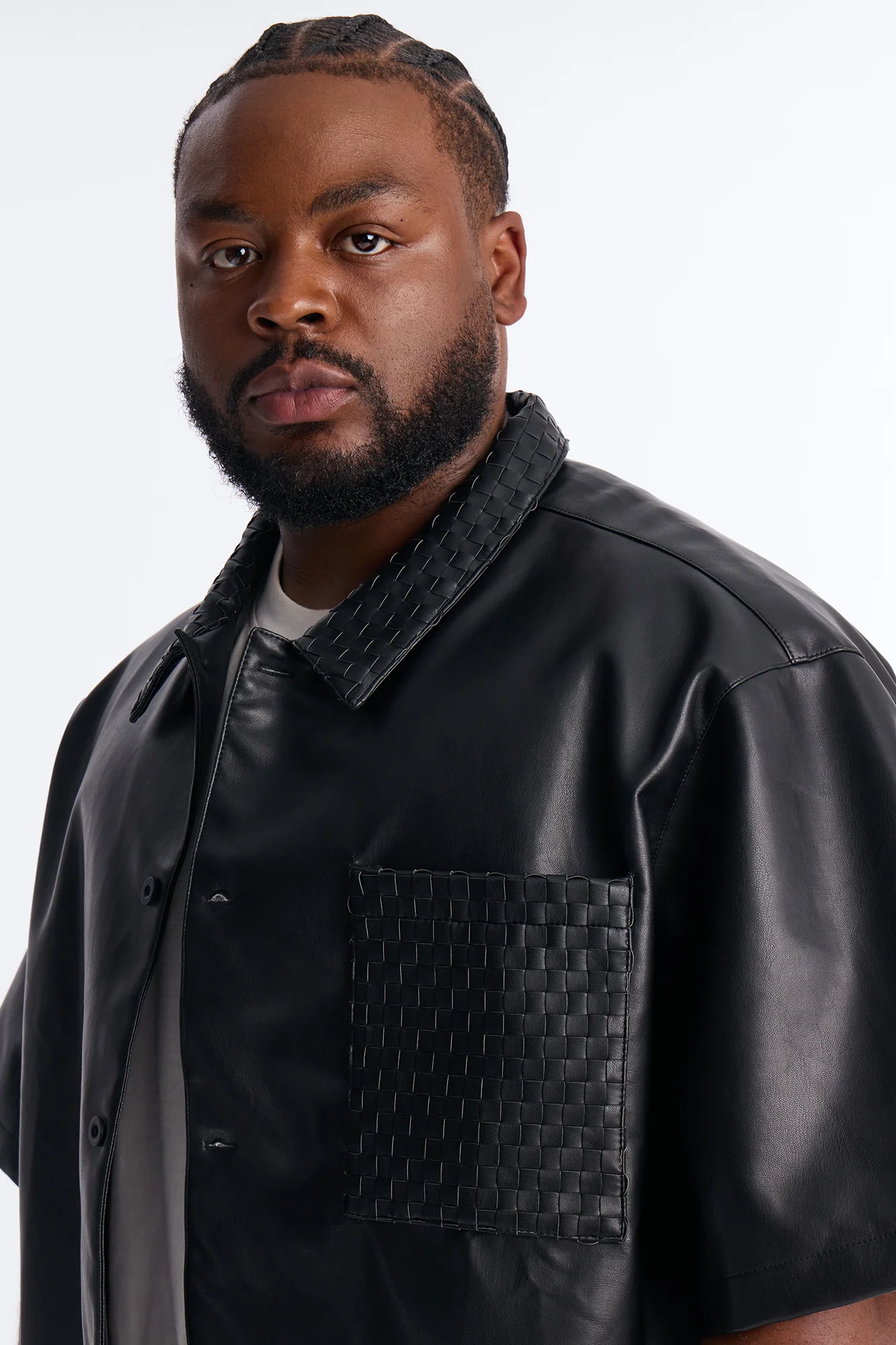 Dont Cross Me Weaved Faux Leather Cropped Shirt - Black - Image 7