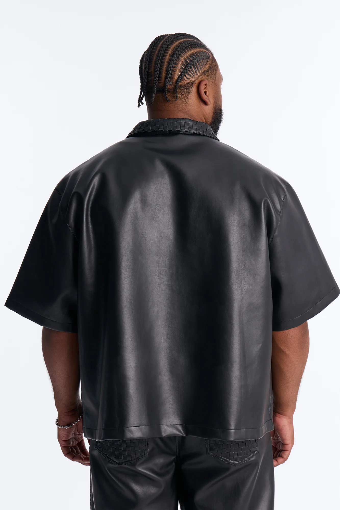 Dont Cross Me Weaved Faux Leather Cropped Shirt - Black - Image 8