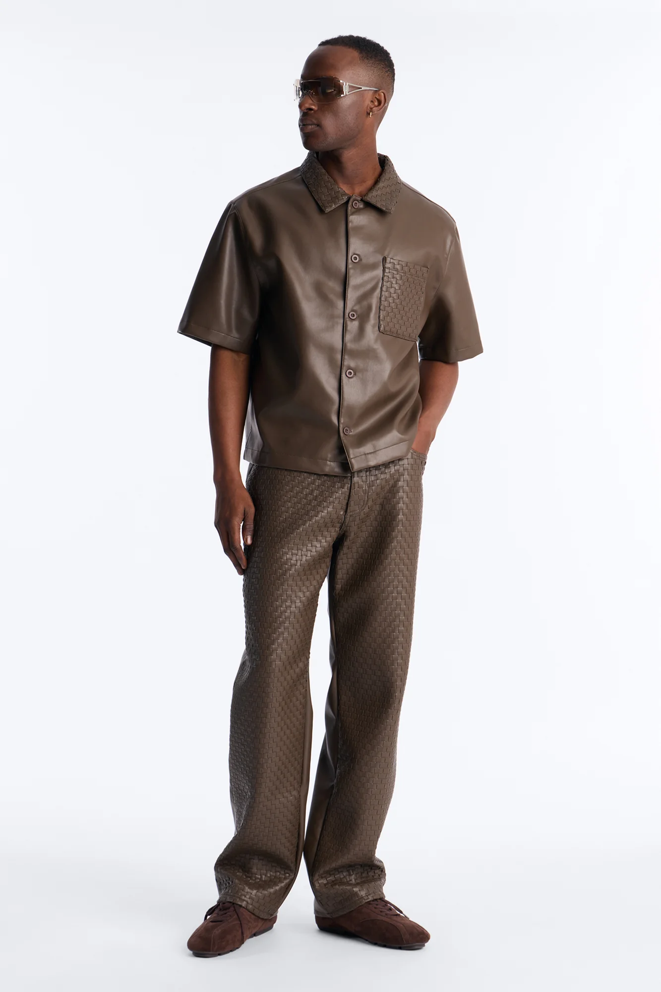 Dont Cross Me Weaved Faux Leather Cropped Shirt - Brown - Image 2