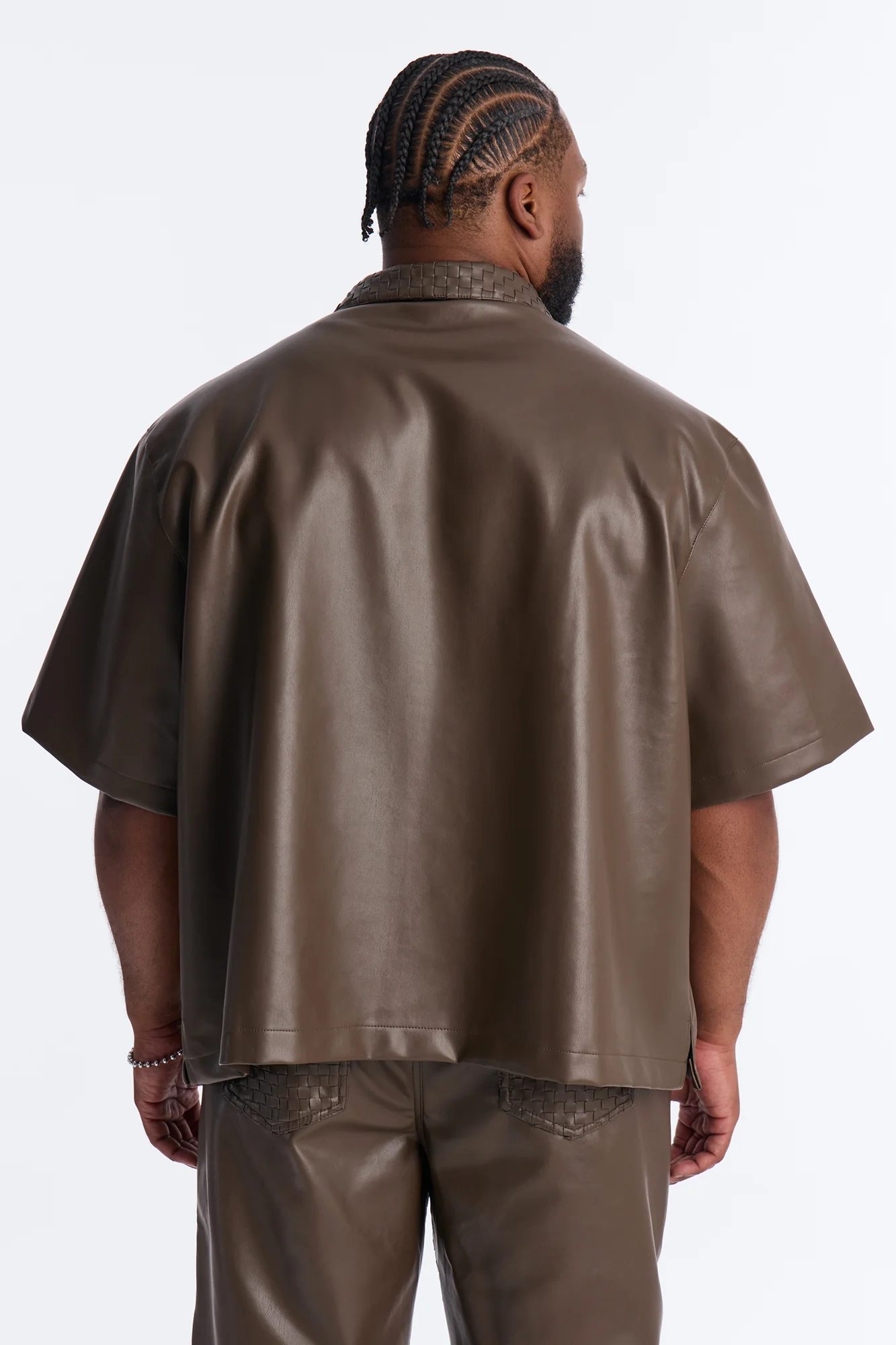 Dont Cross Me Weaved Faux Leather Cropped Shirt - Brown - Image 9