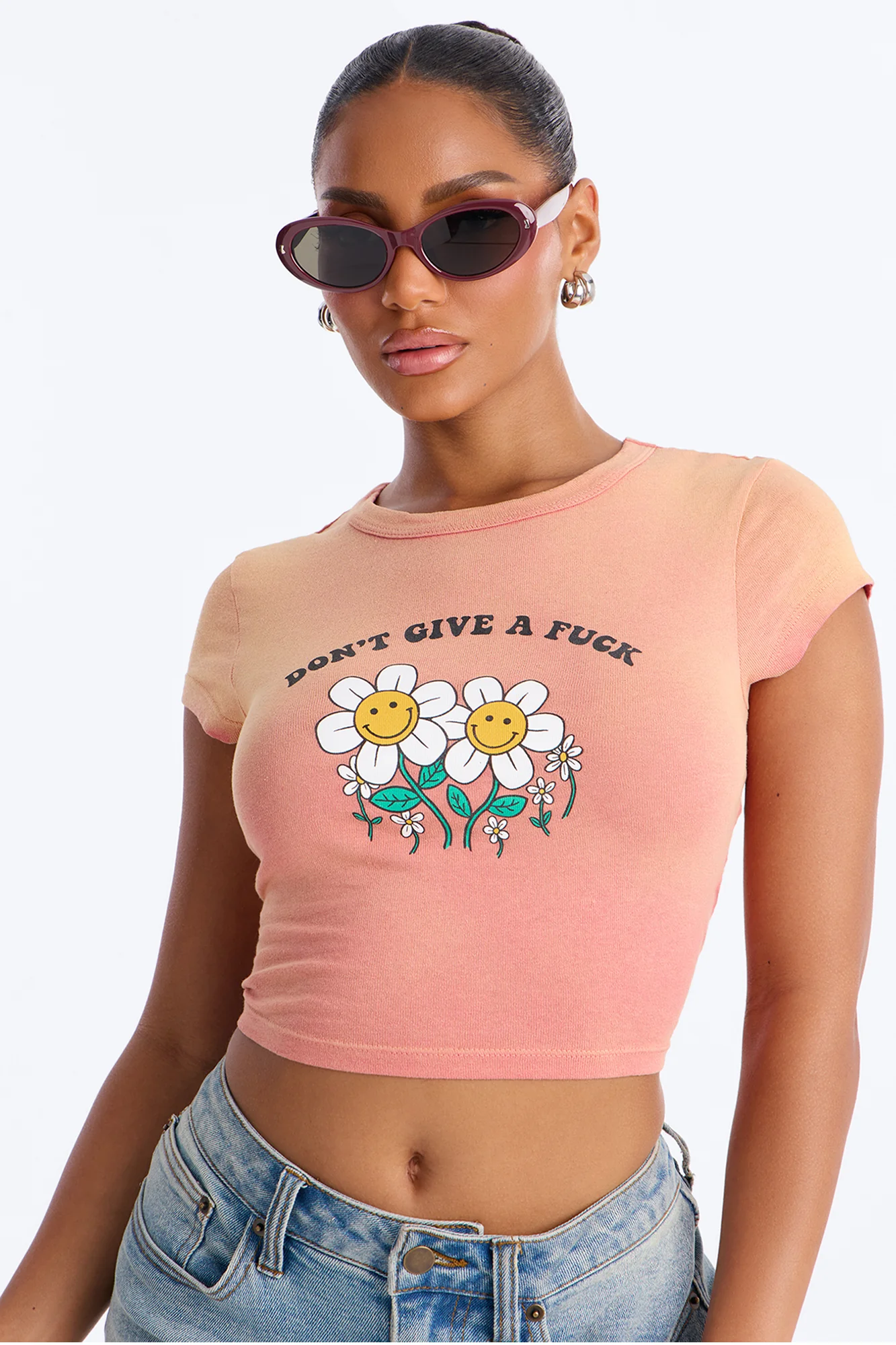 Don't Give A Fuck Washed Baby Tee - Peach