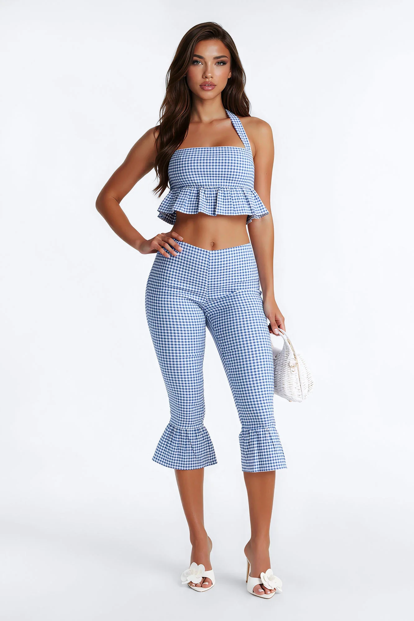 Dorothy Darling Ruffle Trim Gingham Capri - Blue