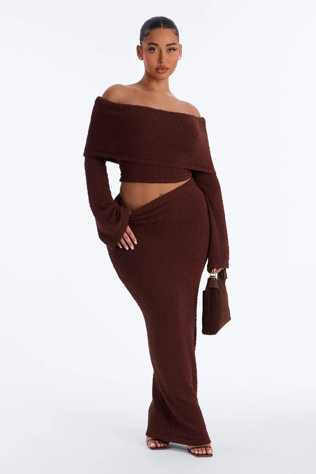 Double Date Off Shoulder Sweater Maxi Skirt Set - Chocolate