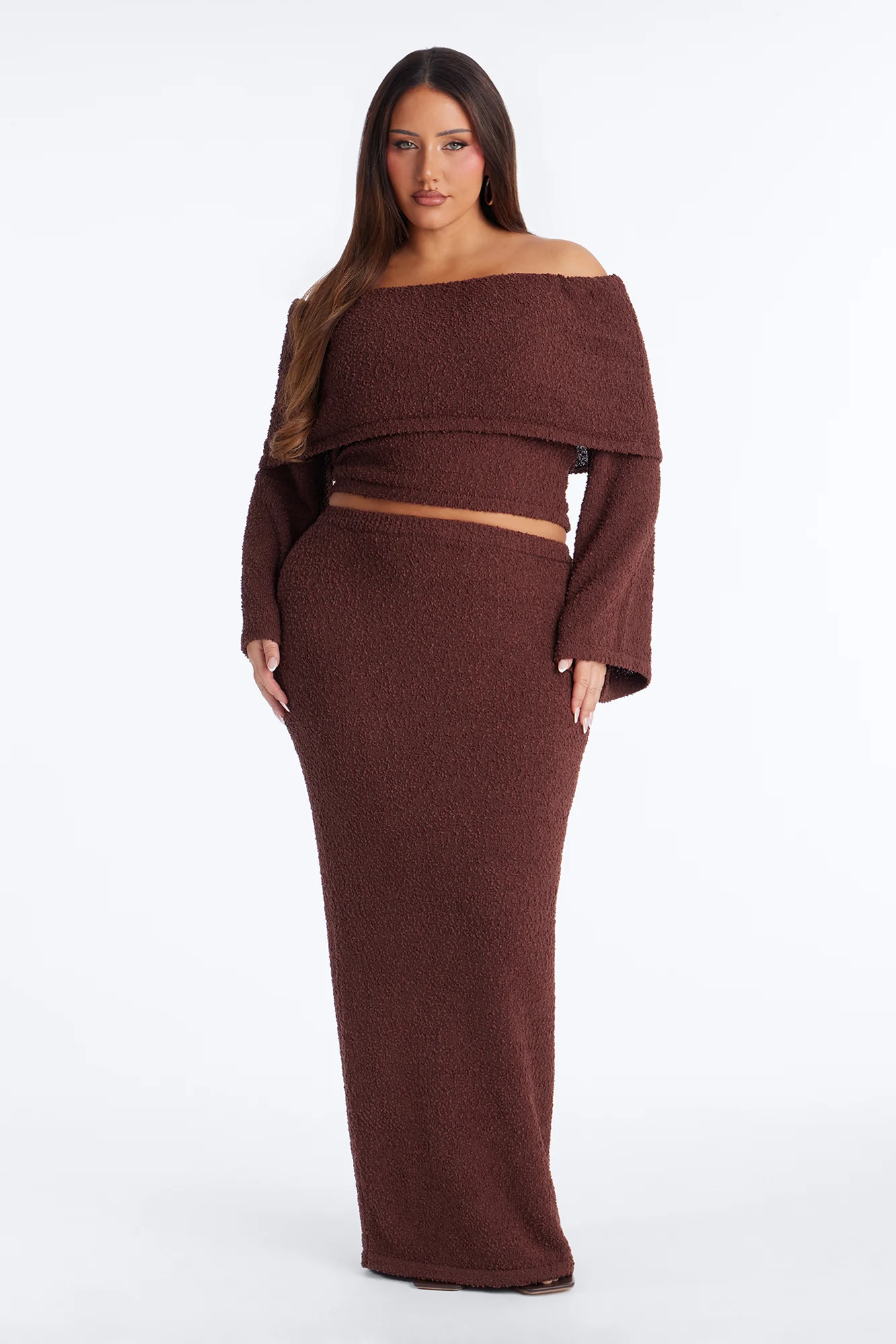 Double Date Off Shoulder Sweater Maxi Skirt Set - Chocolate - Image 5