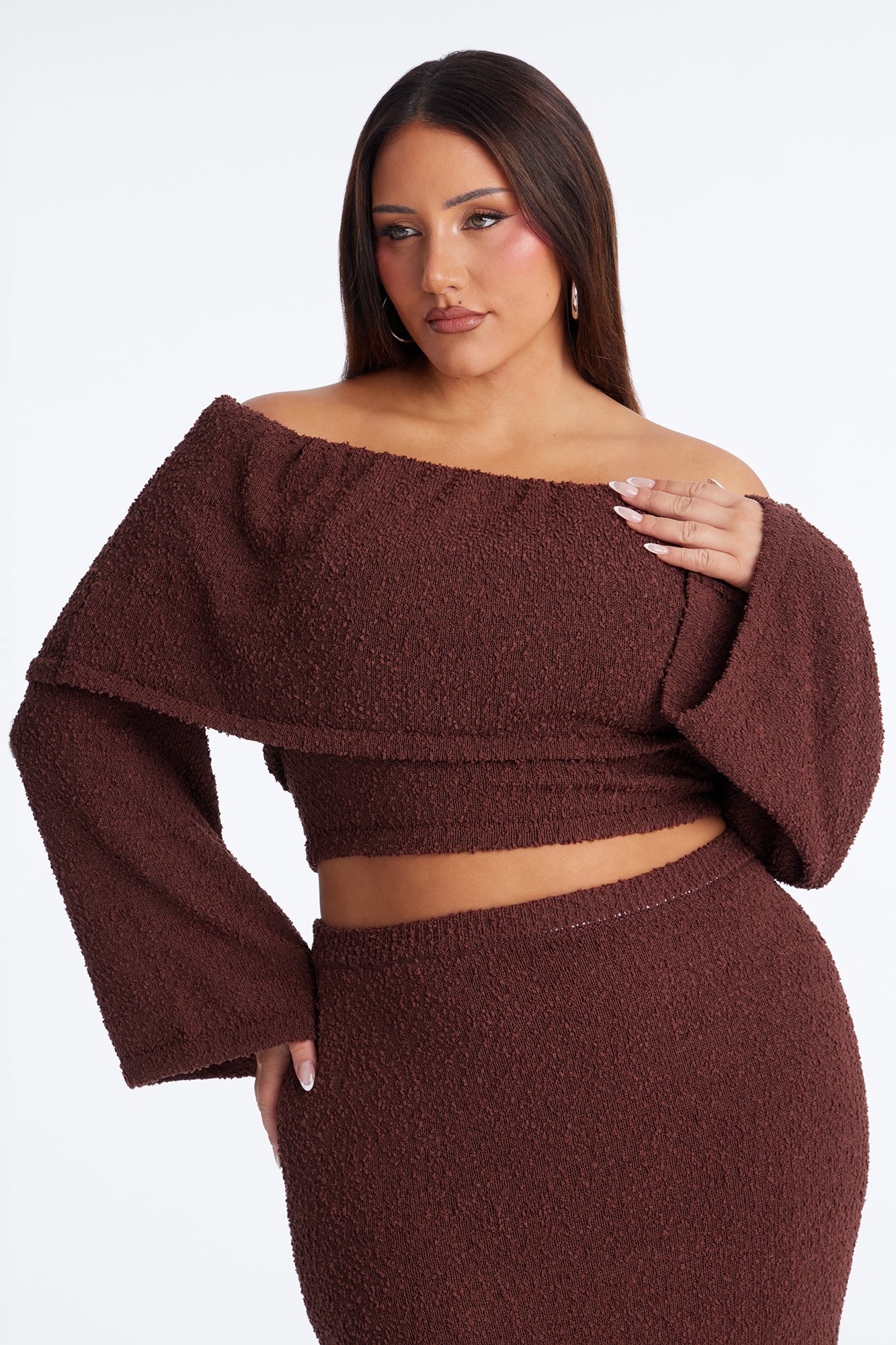 Double Date Off Shoulder Sweater Maxi Skirt Set - Chocolate - Image 6