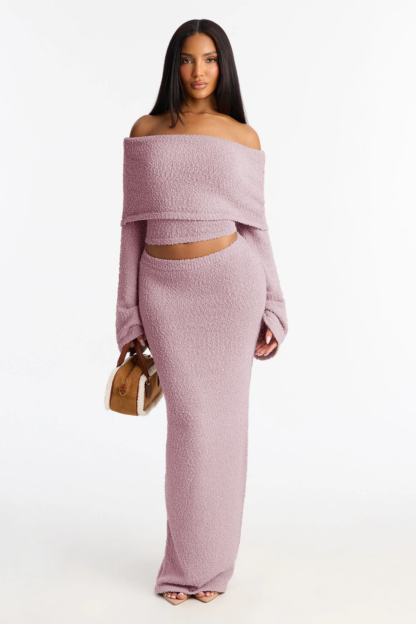 Double Date Off Shoulder Sweater Maxi Skirt Set - Mauve