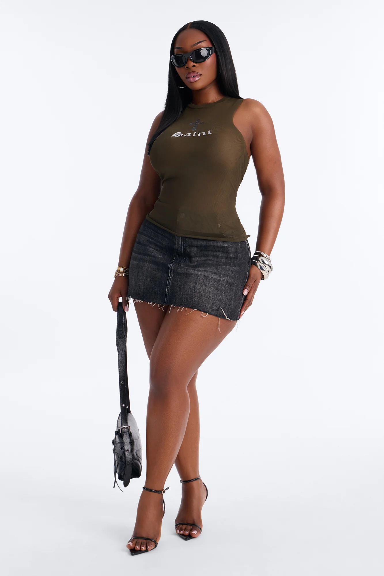 Double Layered Saint Mesh Tank Top - Olive - Image 7