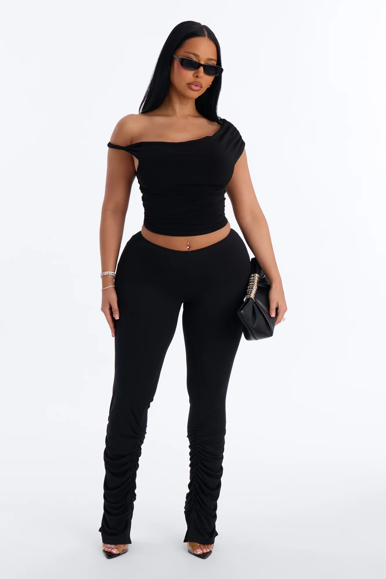 Dovie Low Rise Ruched Stacked Legging - Black