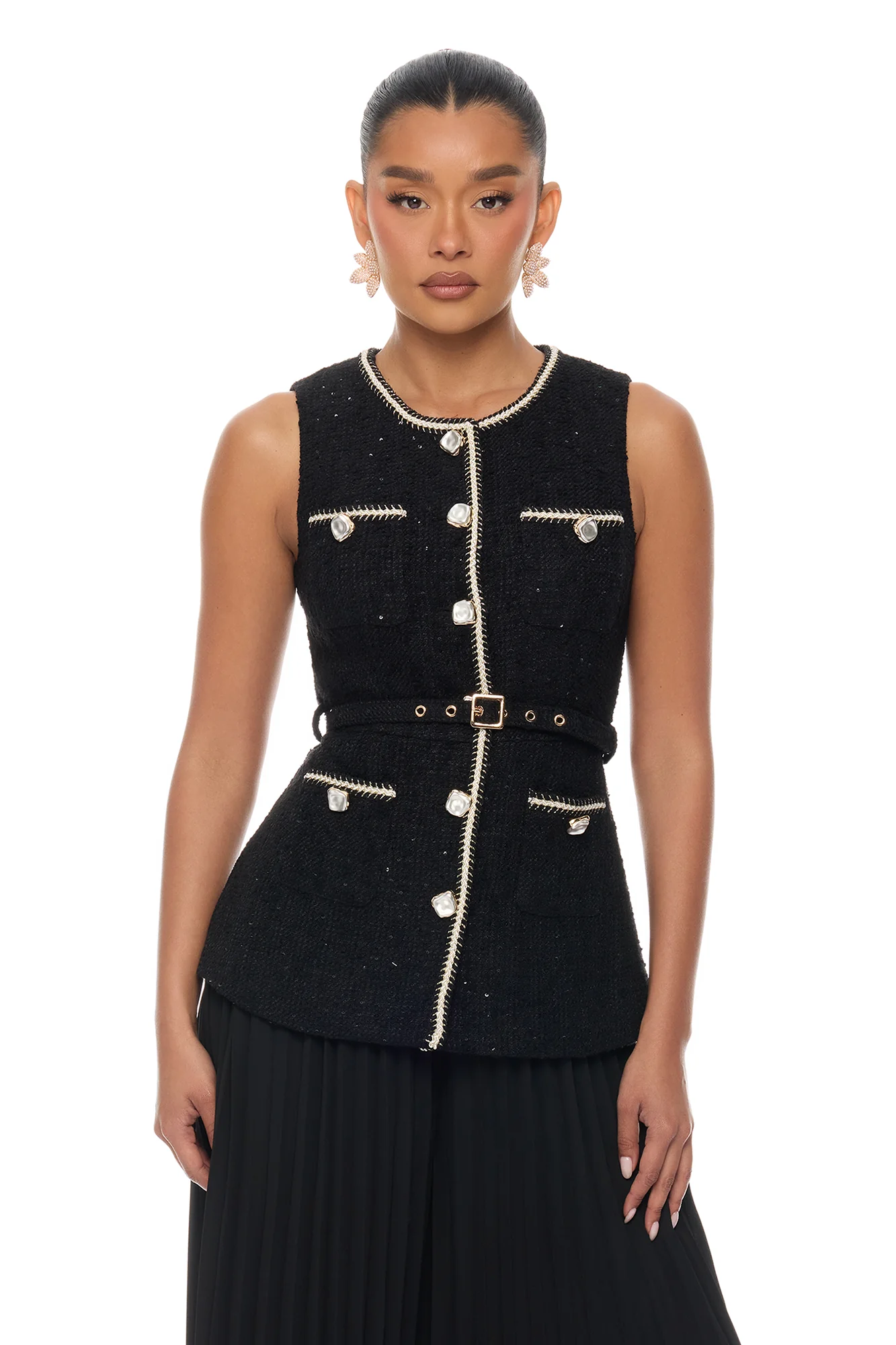 Down The Coast Tweed Pleated Pant Set - Black - Image 2