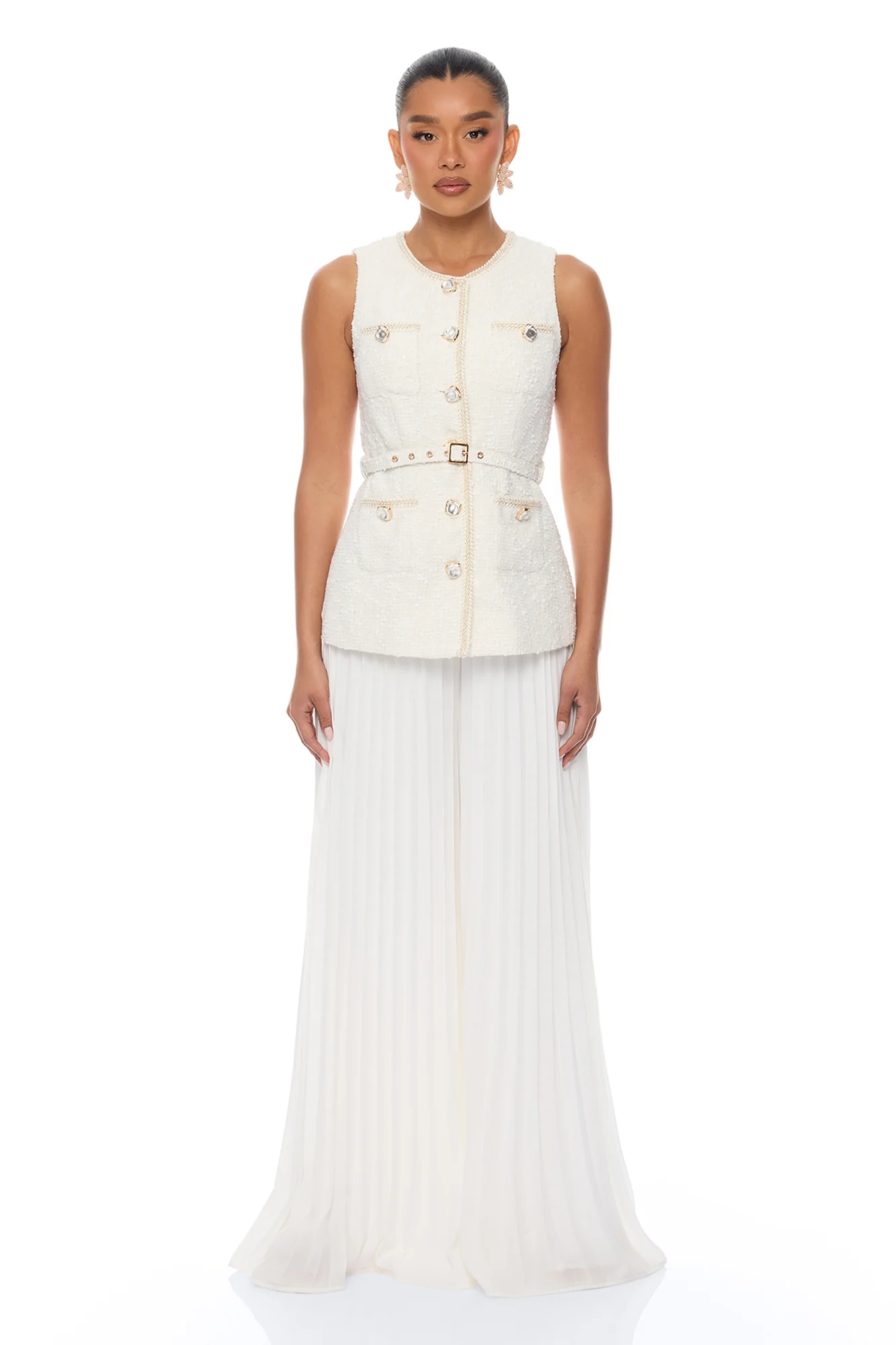 Down The Coast Tweed Pleated Pant Set - Off White