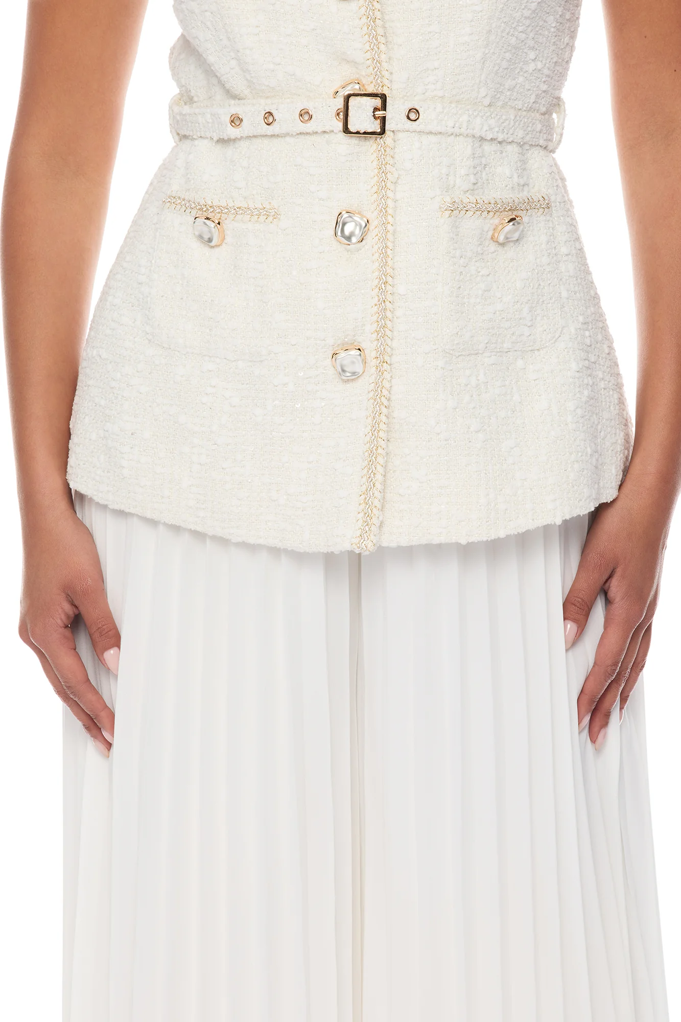 Down The Coast Tweed Pleated Pant Set - Off White - Image 3