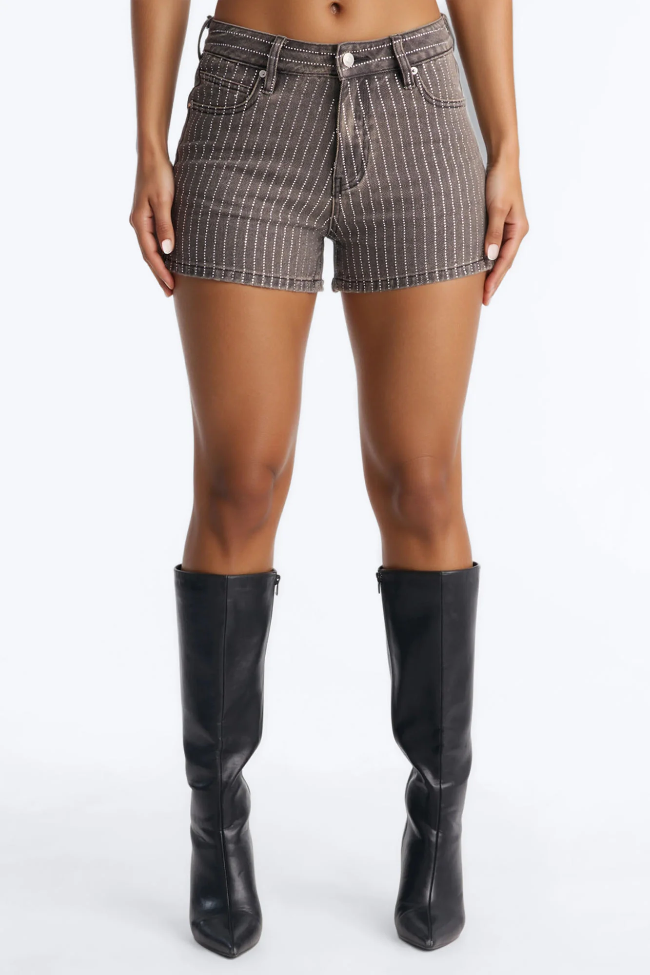 Down The Line Embellished Denim Shorts - Grey - Image 3