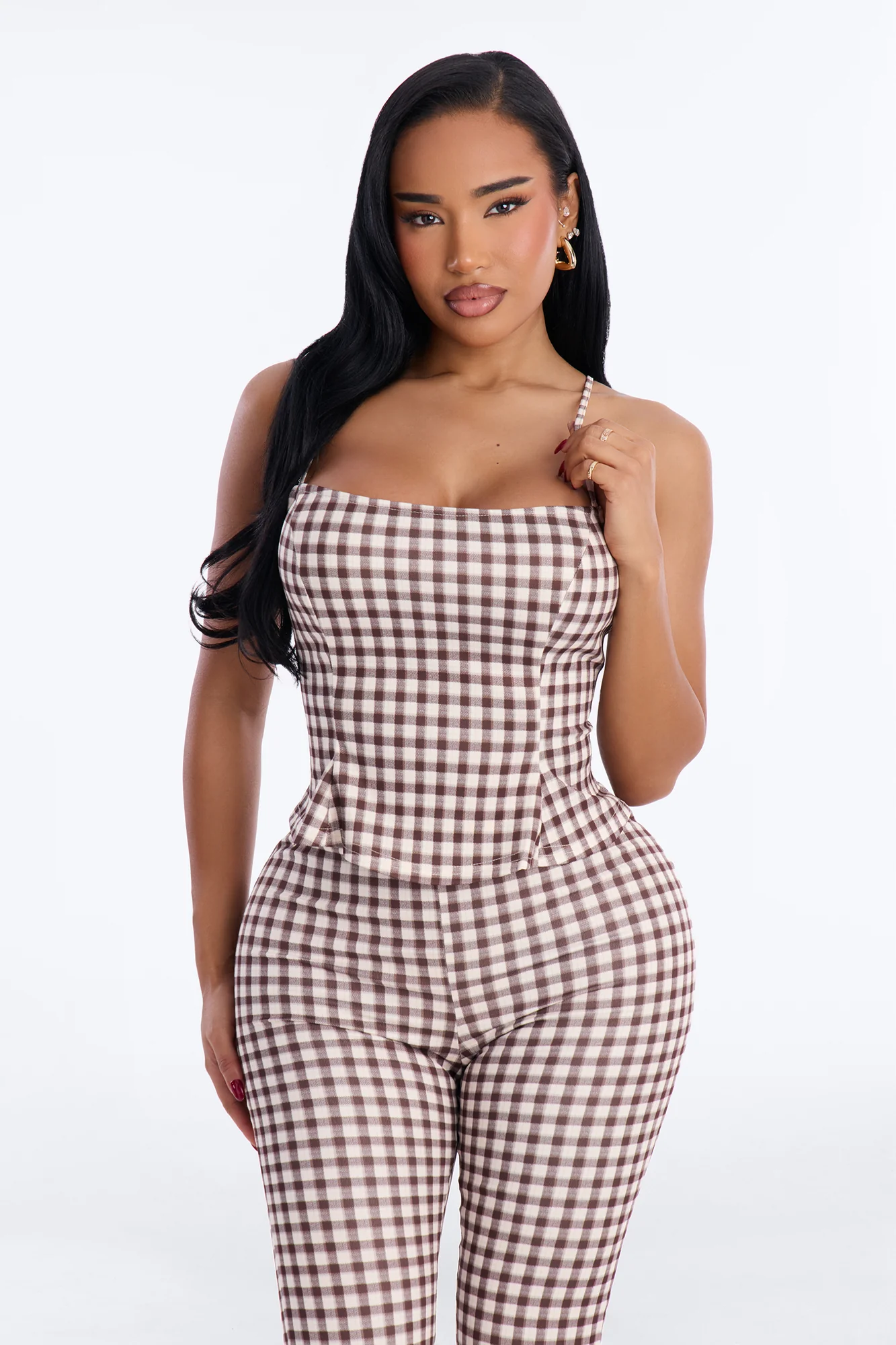 Downtown Girl Gingham Capri Set - Brown Combo - Image 2