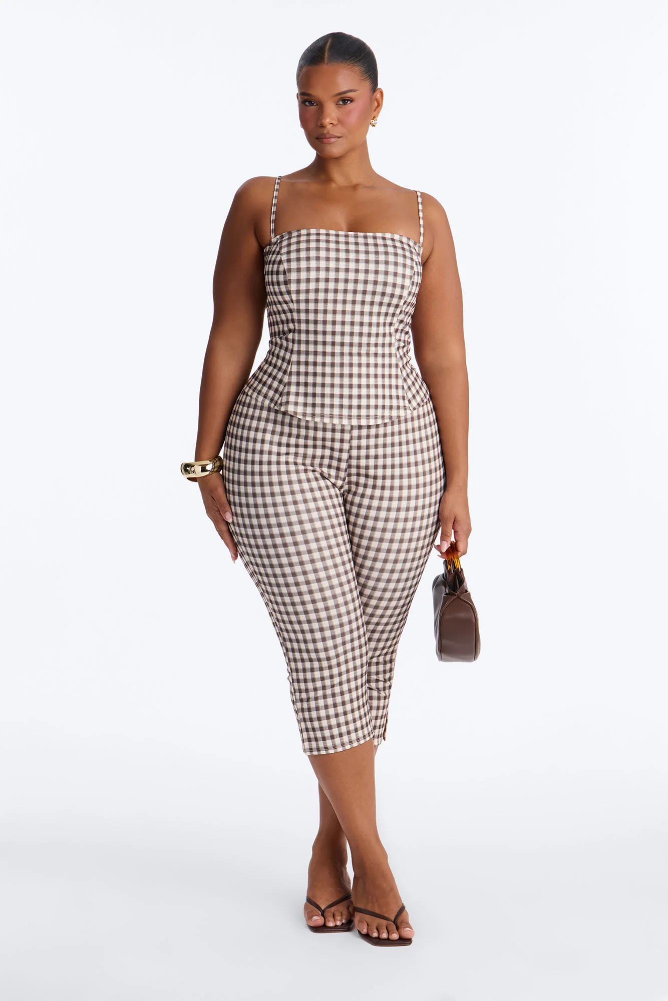 Downtown Girl Gingham Capri Set - Brown Combo - Image 4