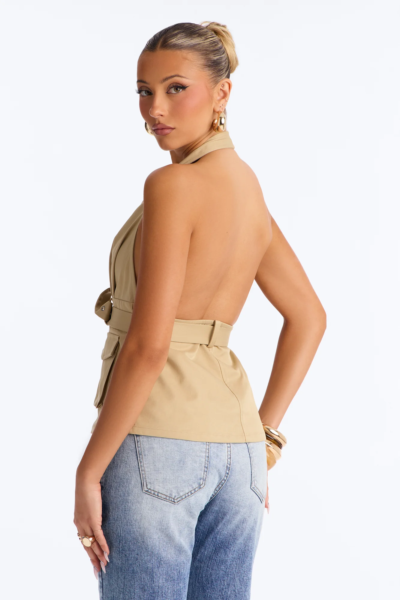 Downtown Heat Belted Twill Halter Top - Taupe - Image 4