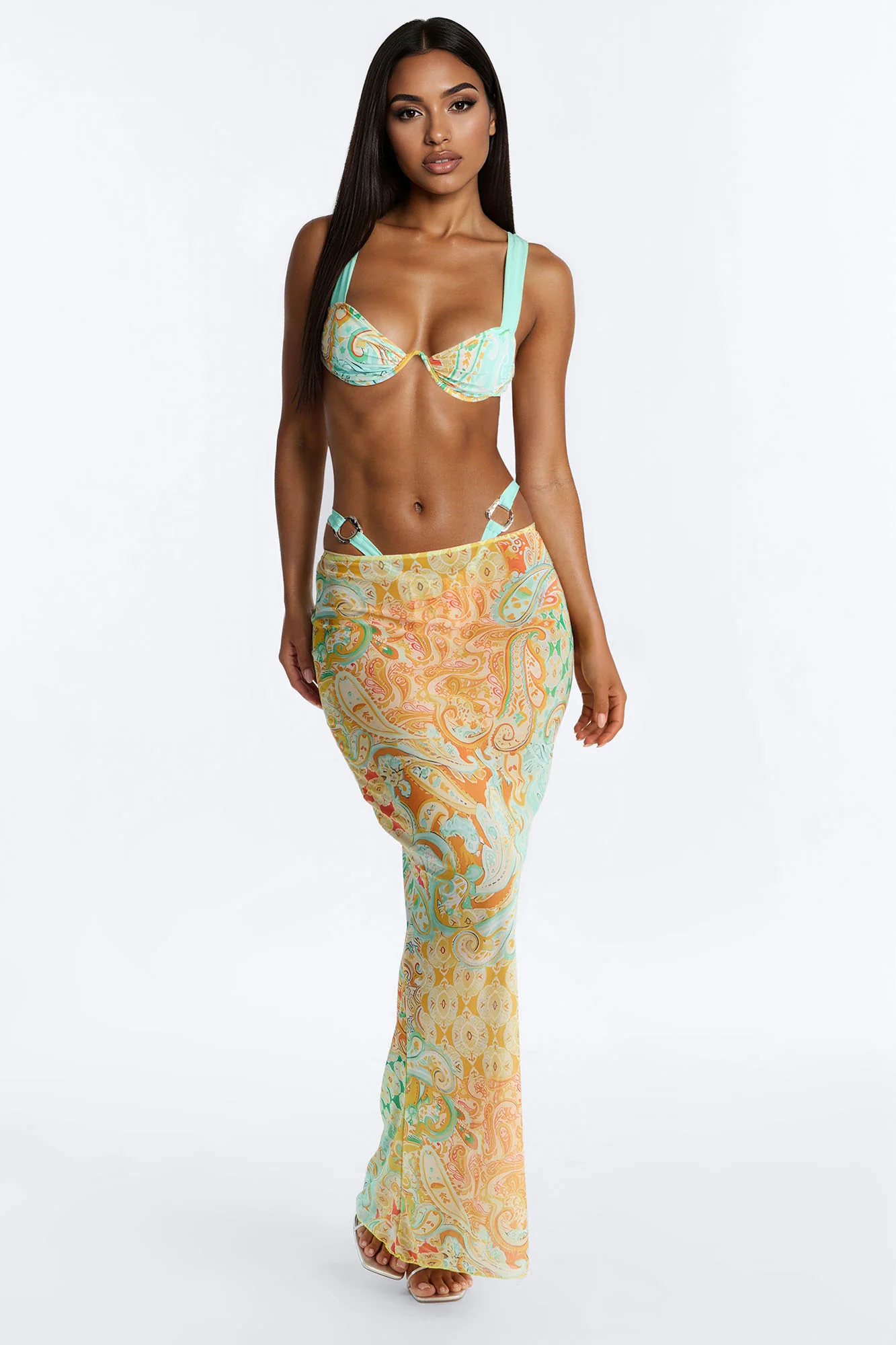 Drea 3 Piece Paisley Print Bandeau Bikini & Mesh Cover Up Maxi Skirt Sunsuit - Multi Color