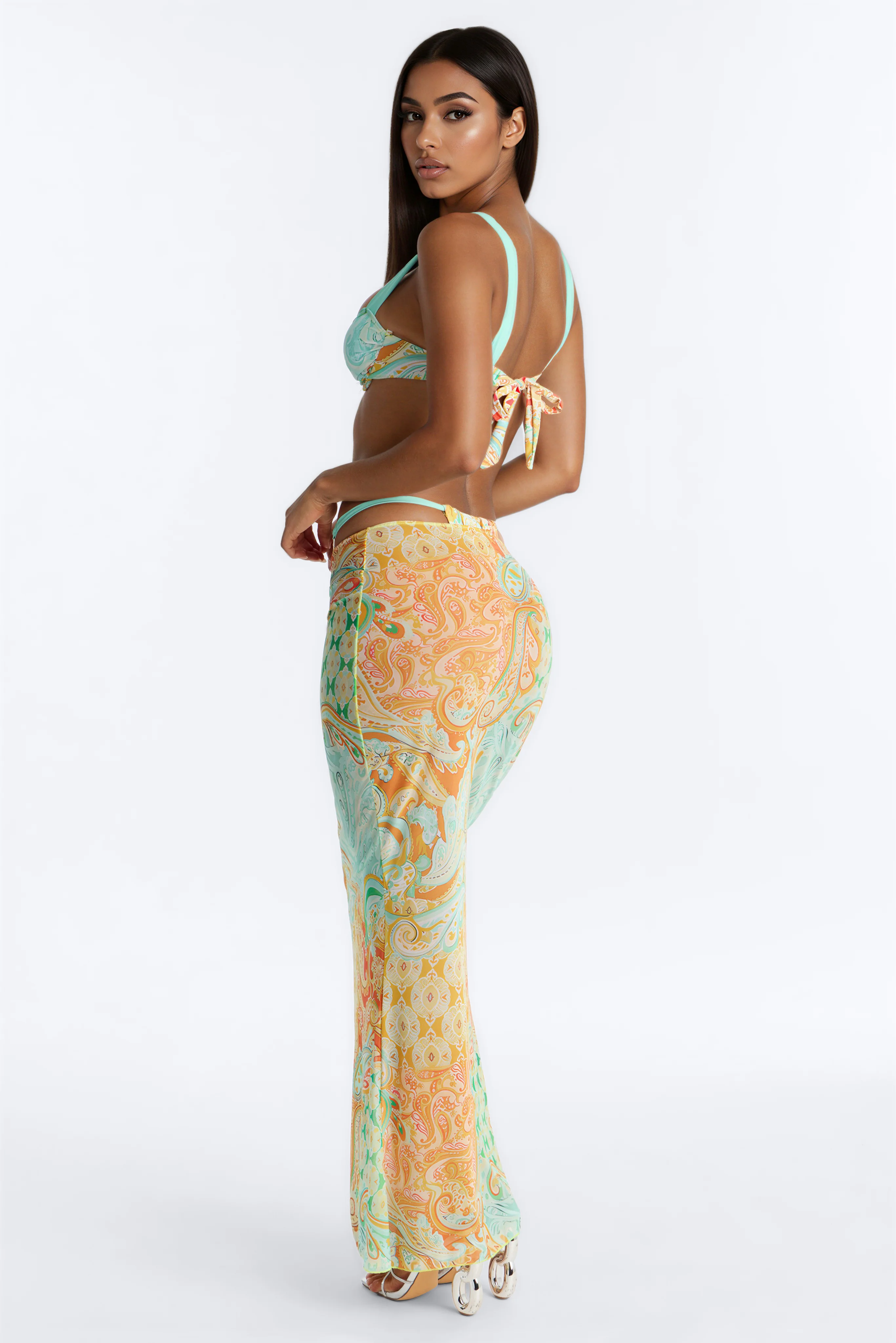 Drea 3 Piece Paisley Print Bandeau Bikini & Mesh Cover Up Maxi Skirt Sunsuit - Multi Color - Image 5