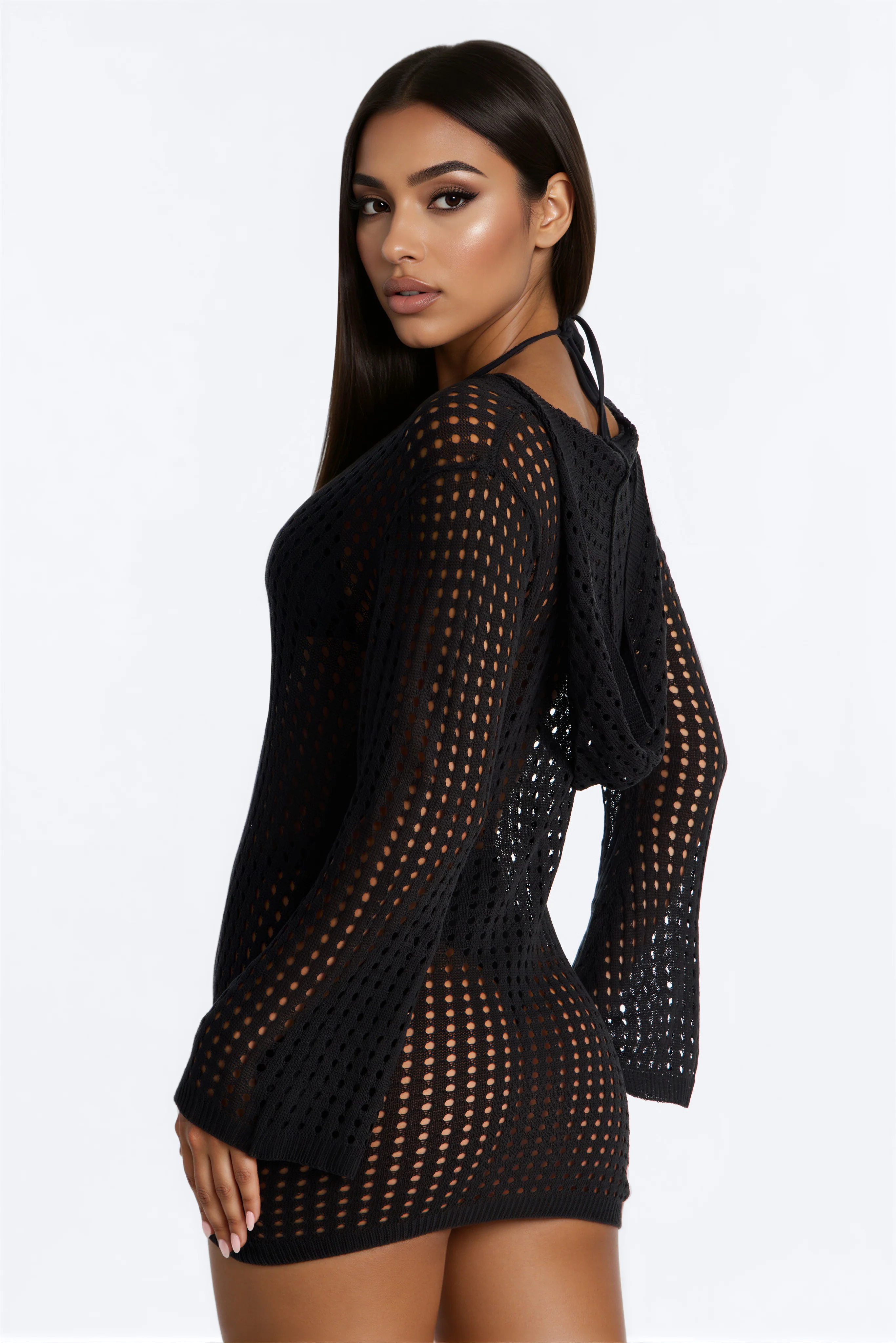 Drea Crochet Long Sleeve Cover Up Dress - Black - Image 3