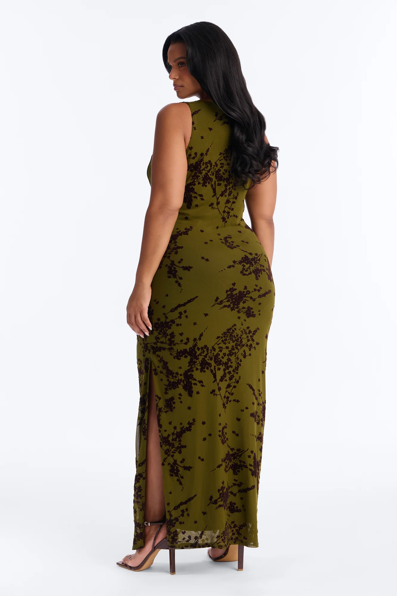 Dreamer Flocked Mesh Maxi Dress - Olive - Image 8