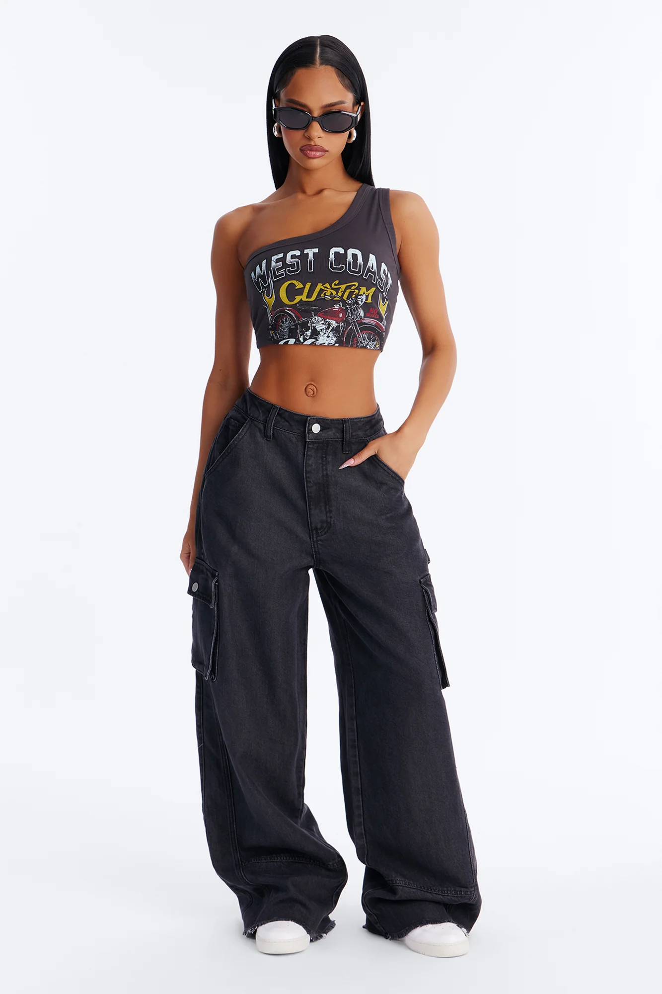 Dreaming Of You Drapey Cargo Wide Leg Jeans - Black Wash - Image 2