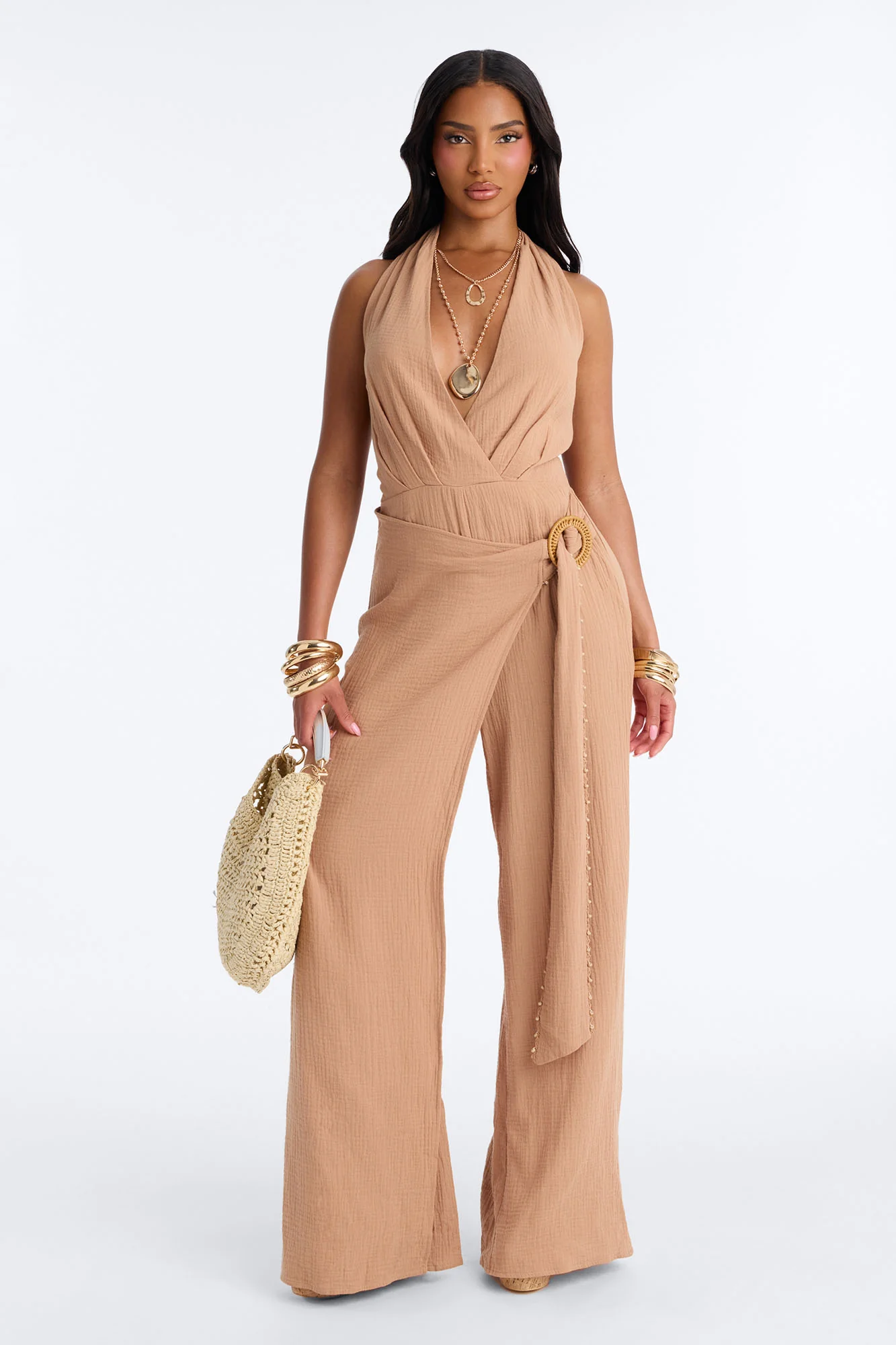 Drift With Me Halter Airflow Jumpsuit - Tan
