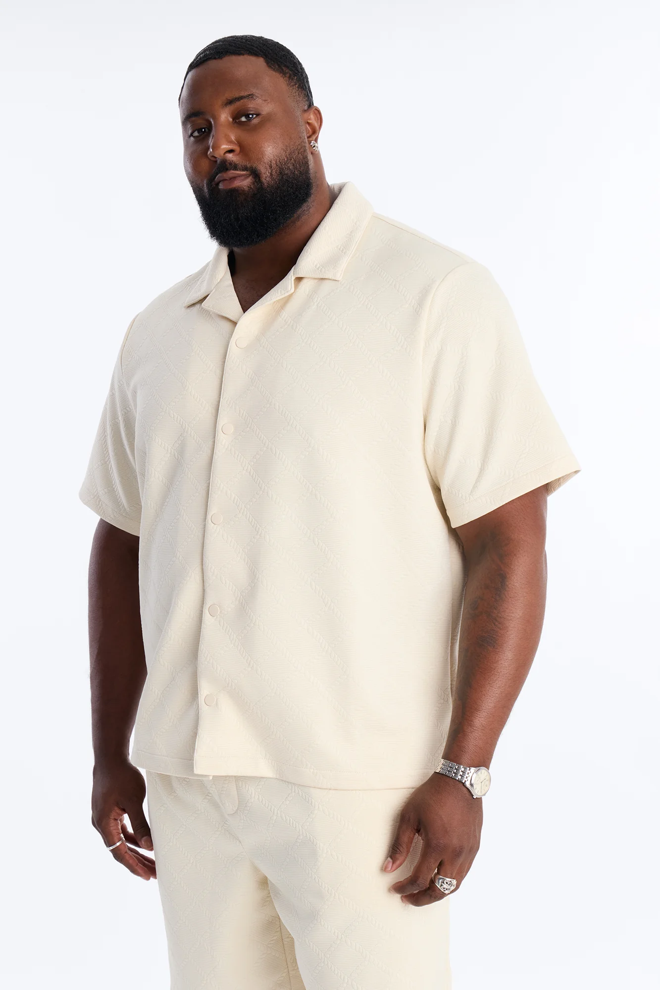 Duke Textured Cuban Button Up Shirt - Cream - Image 5