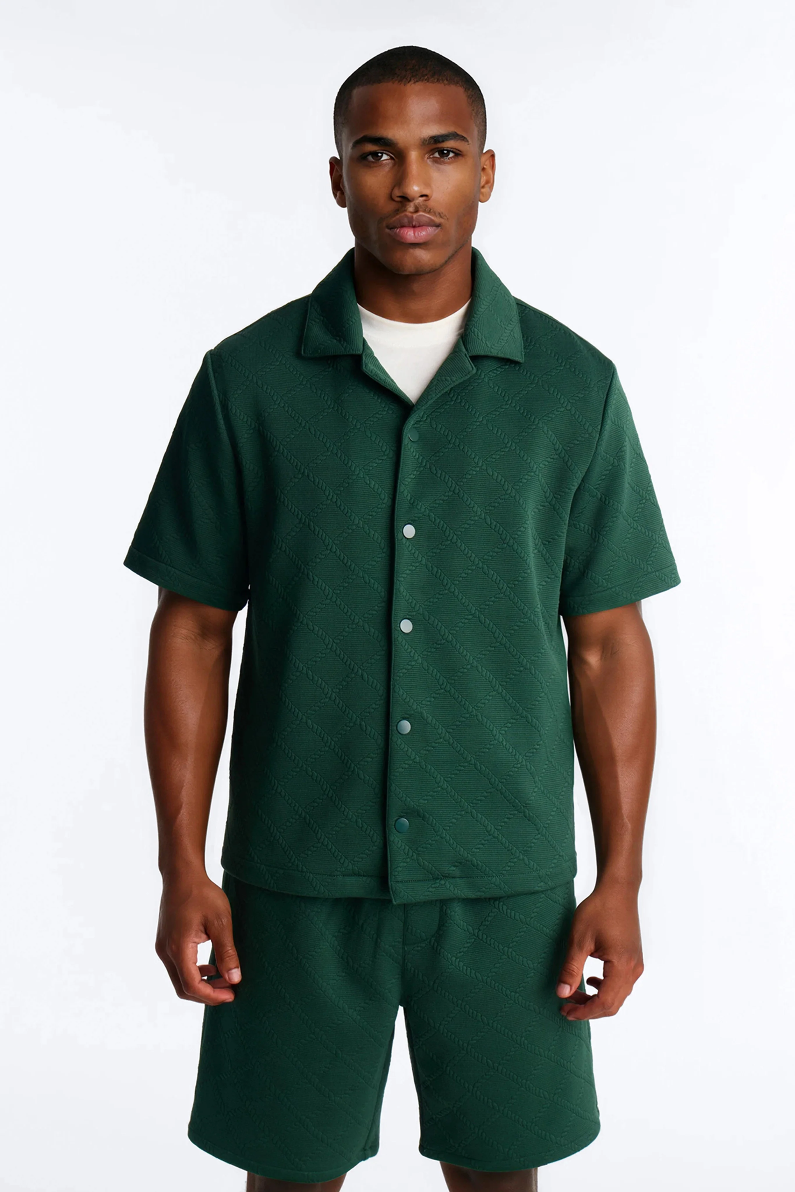 Duke Textured Cuban Button Up Shirt - Hunter Green