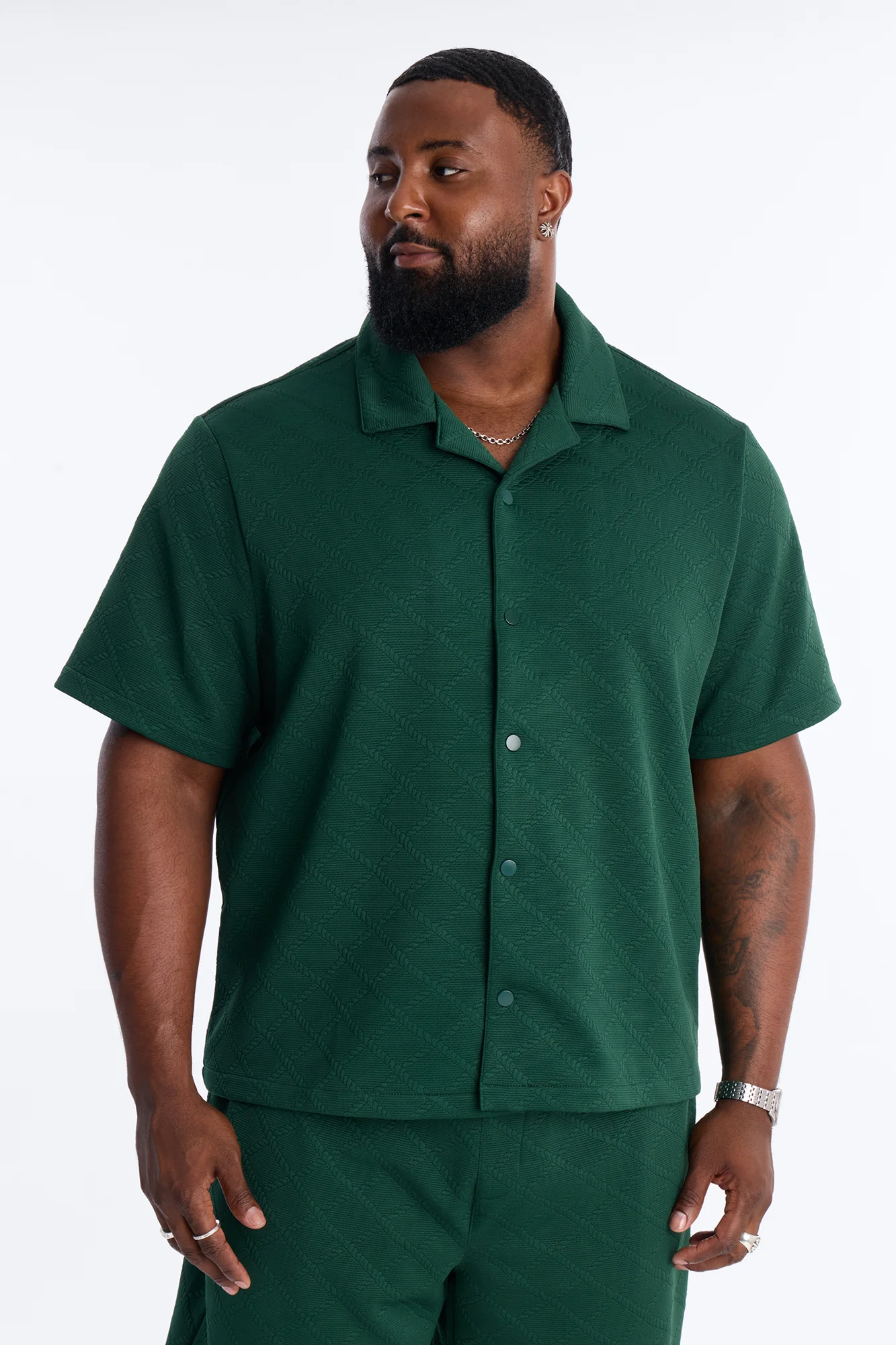 Duke Textured Cuban Button Up Shirt - Hunter Green - Image 5