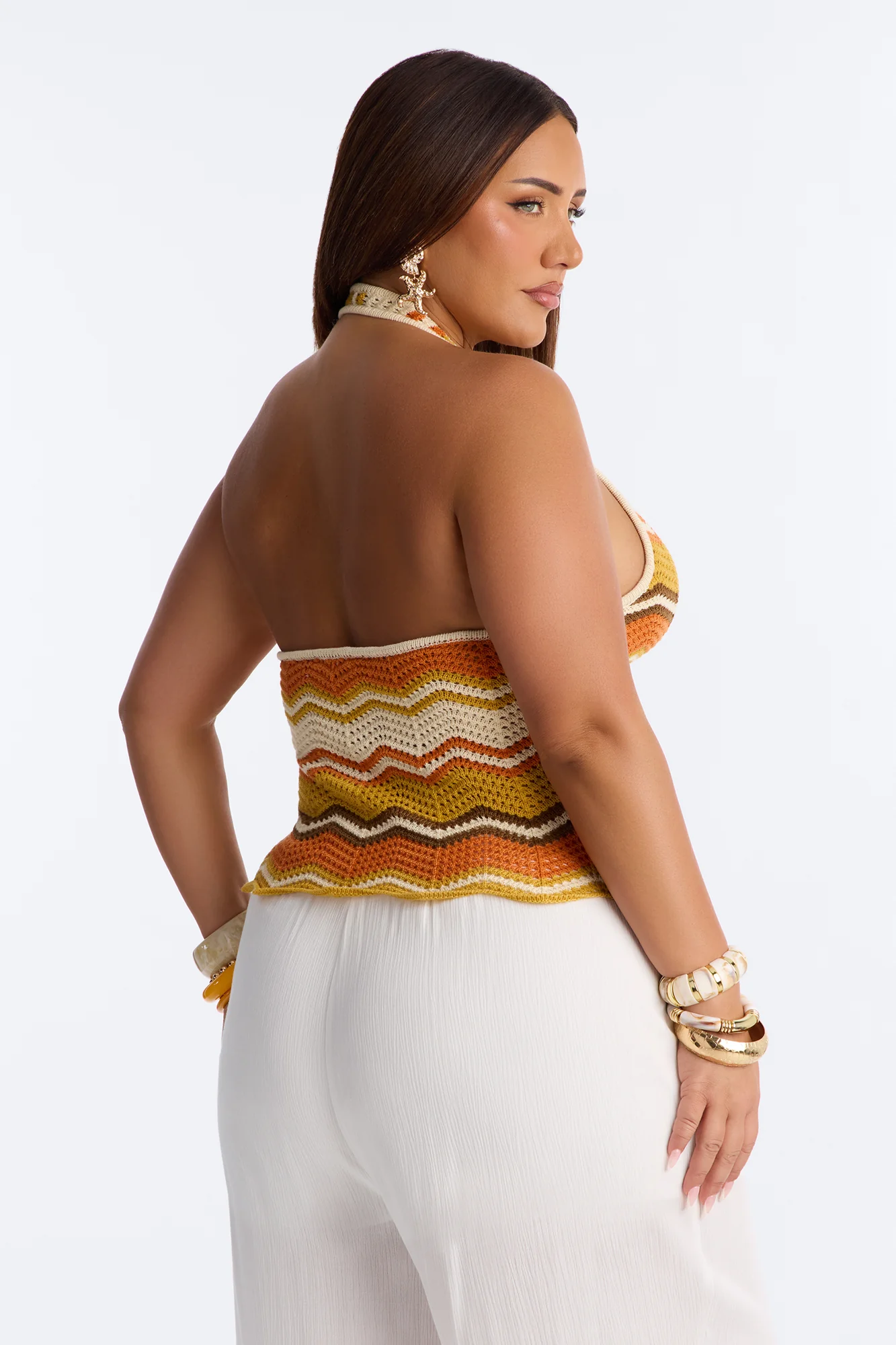 Dusk Dreams Chevron Crochet Halter Top - Orange/combo - Image 8