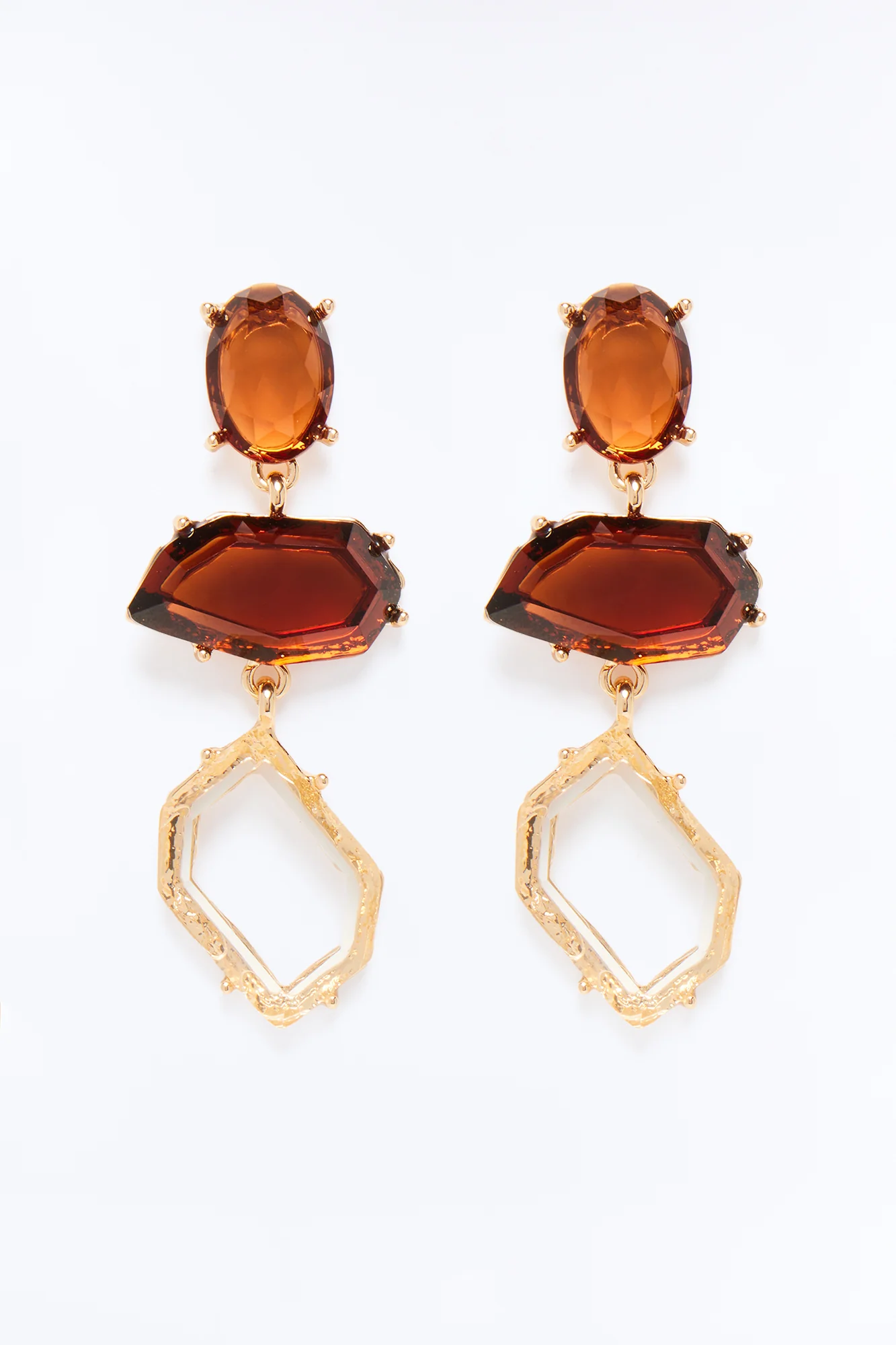 Earthy Smoky Jeweled Drop Earrings - Gold/Brown - Image 3