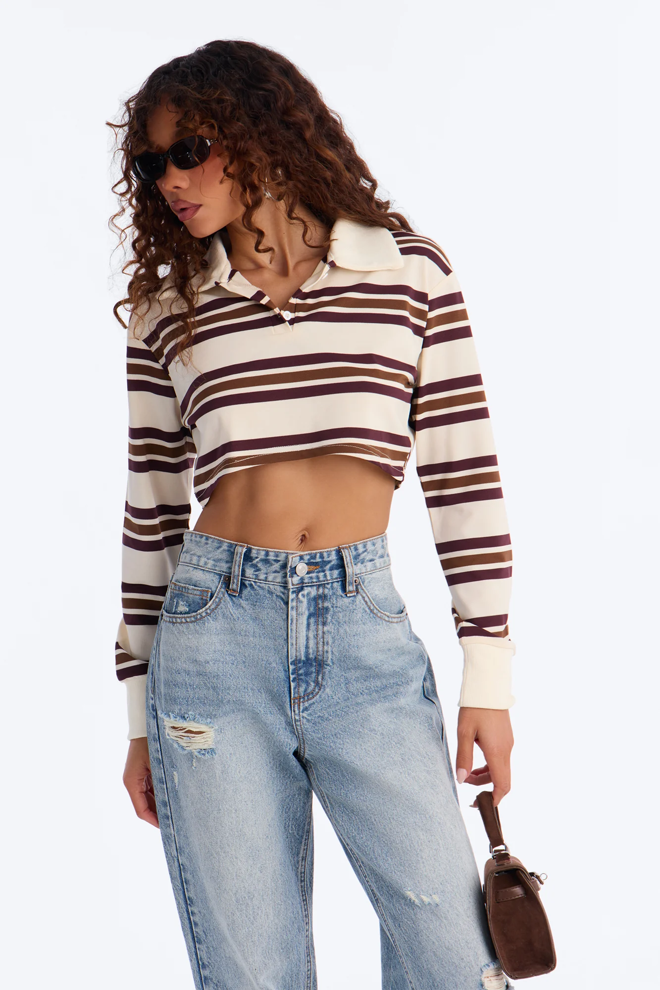 Easy Days Striped Cropped Polo Top - Cream/combo - Image 3