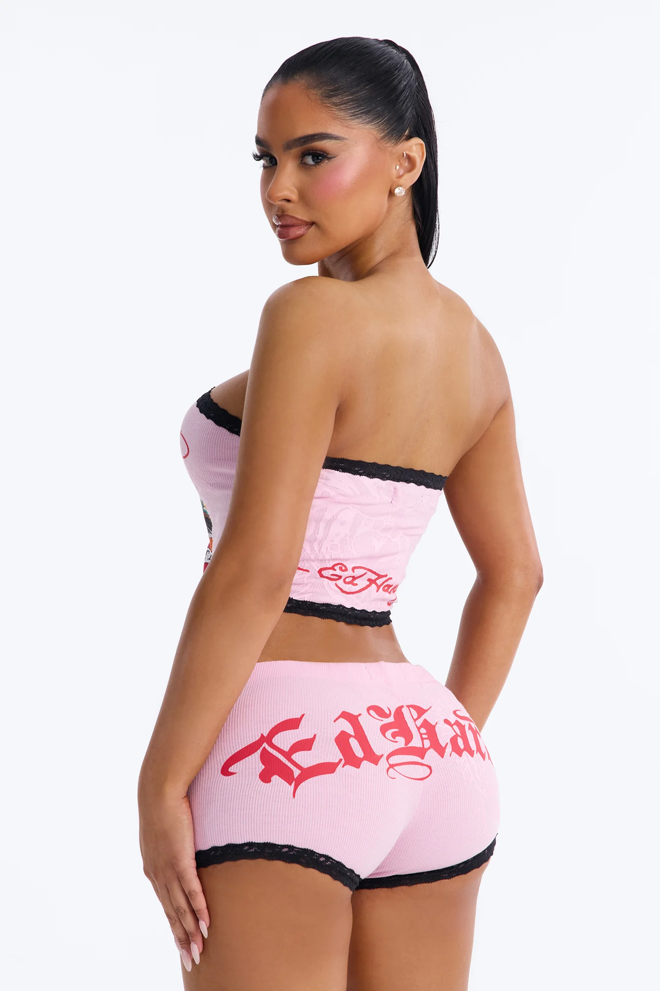Ed Hardy Brave Hearts Tube Top PJ Short Set - Pink - Image 3