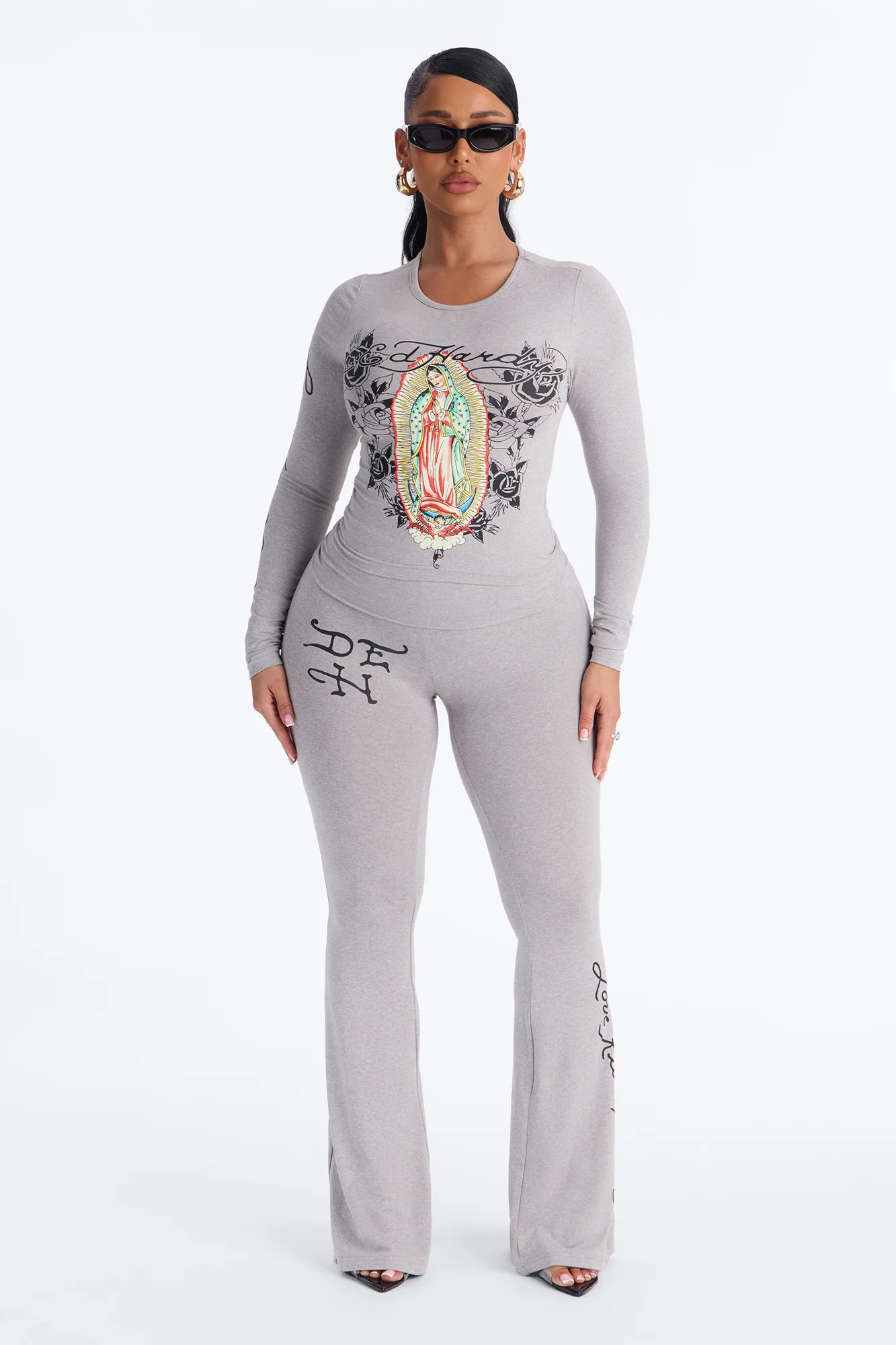 Ed Hardy Keep The Faith Flare PJ Pant Set - Heather Grey