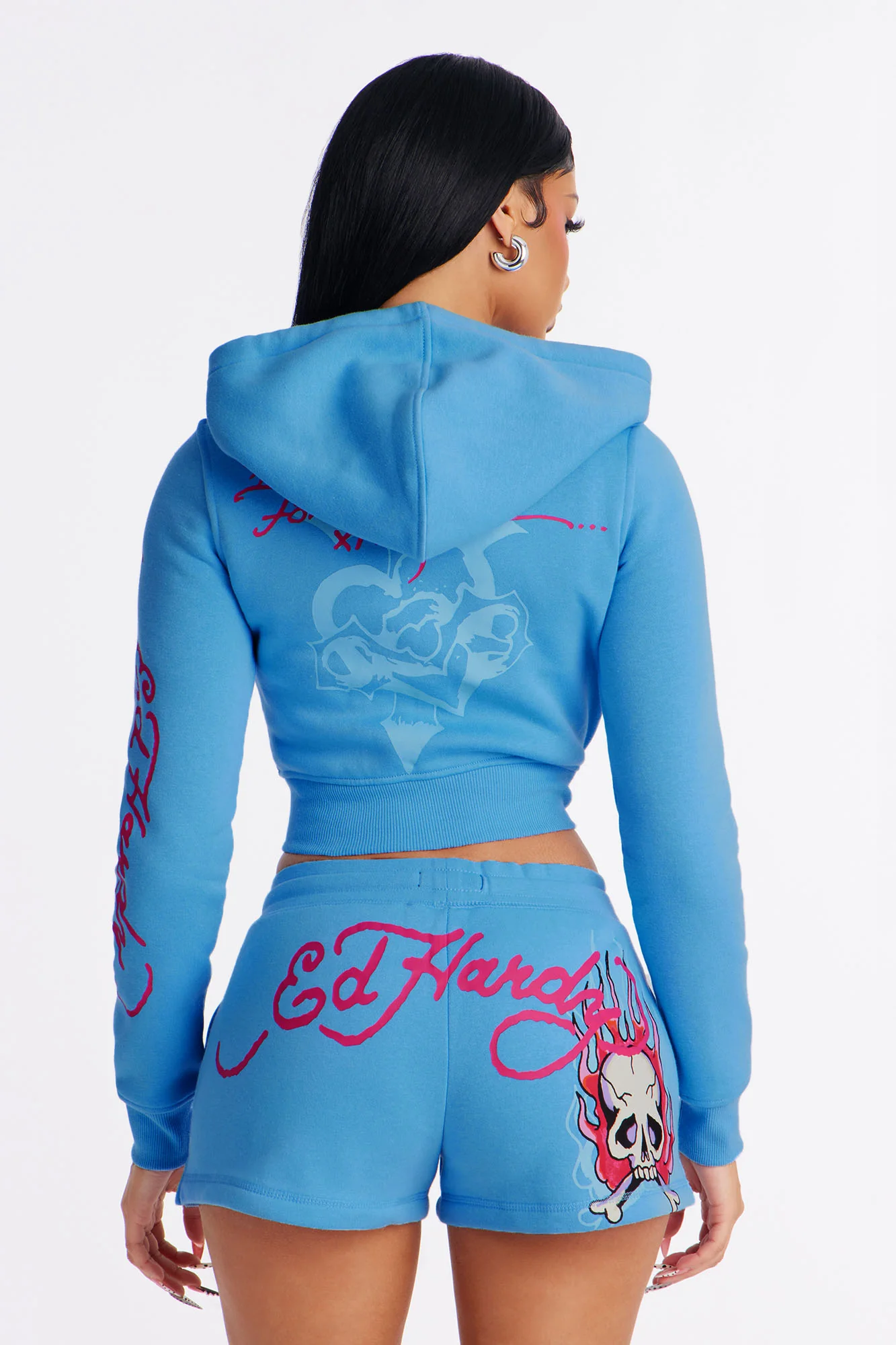 Ed Hardy Pink Flame Skull Fleece Short Set - Blue - Image 5