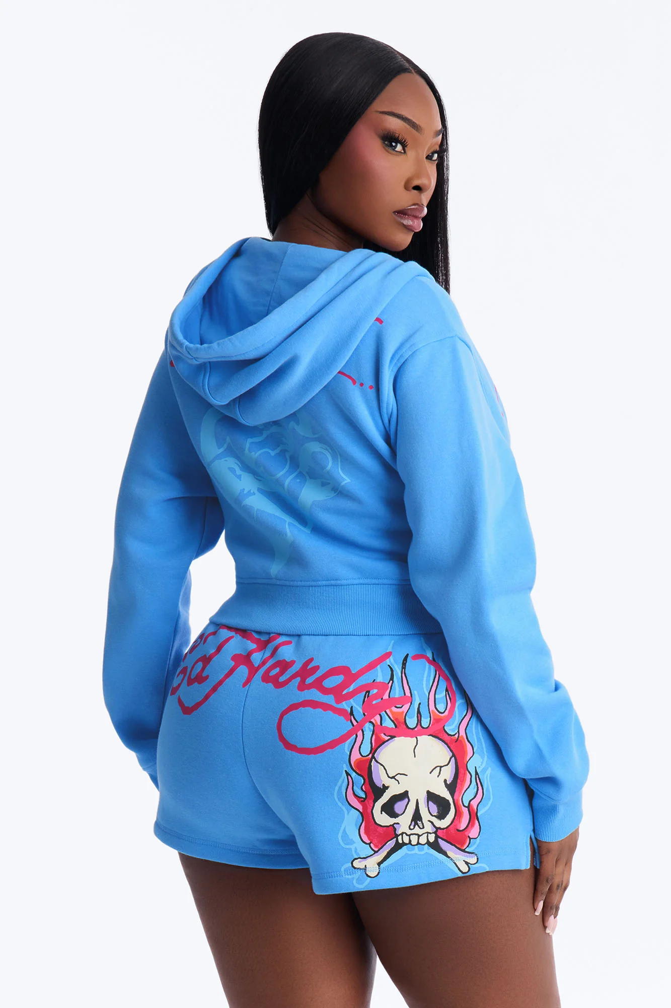Ed Hardy Pink Flame Skull Fleece Short Set - Blue - Image 8