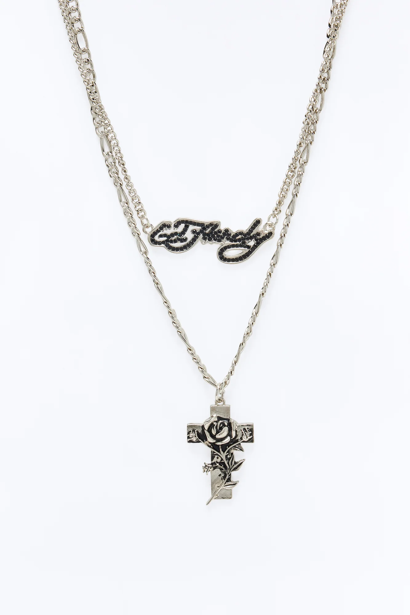 Ed Hardy Rose Cross Layered Necklace - Silver - Image 3