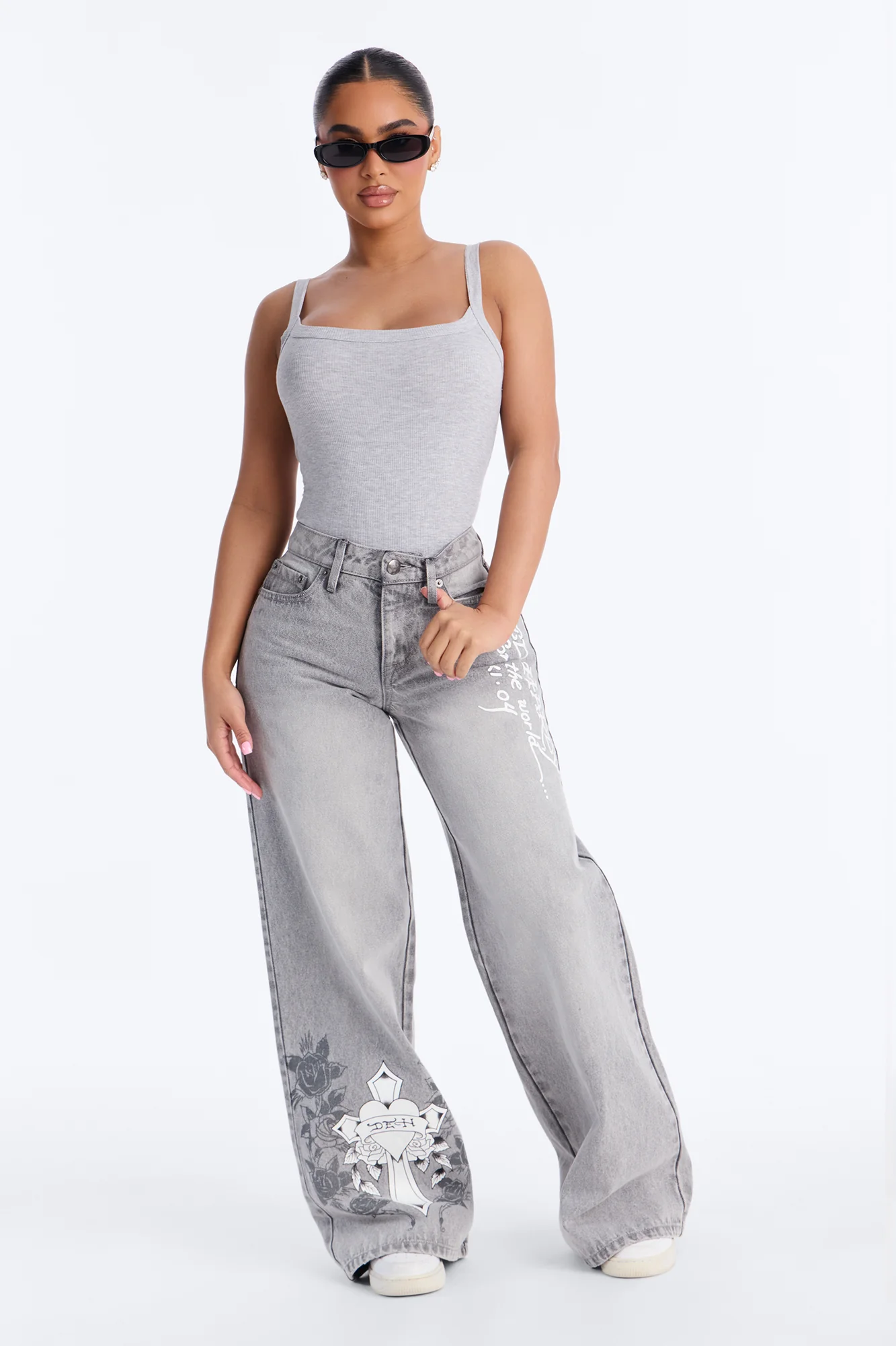 Ed Hardy Rose Cross Wide Leg Jeans - Grey - Image 2
