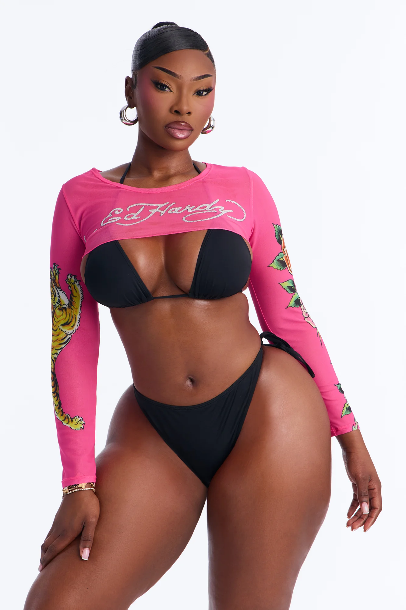 Ed Hardy Tiger & Roses Mesh Cover Up Bolero - Hot Pink/combo - Image 4