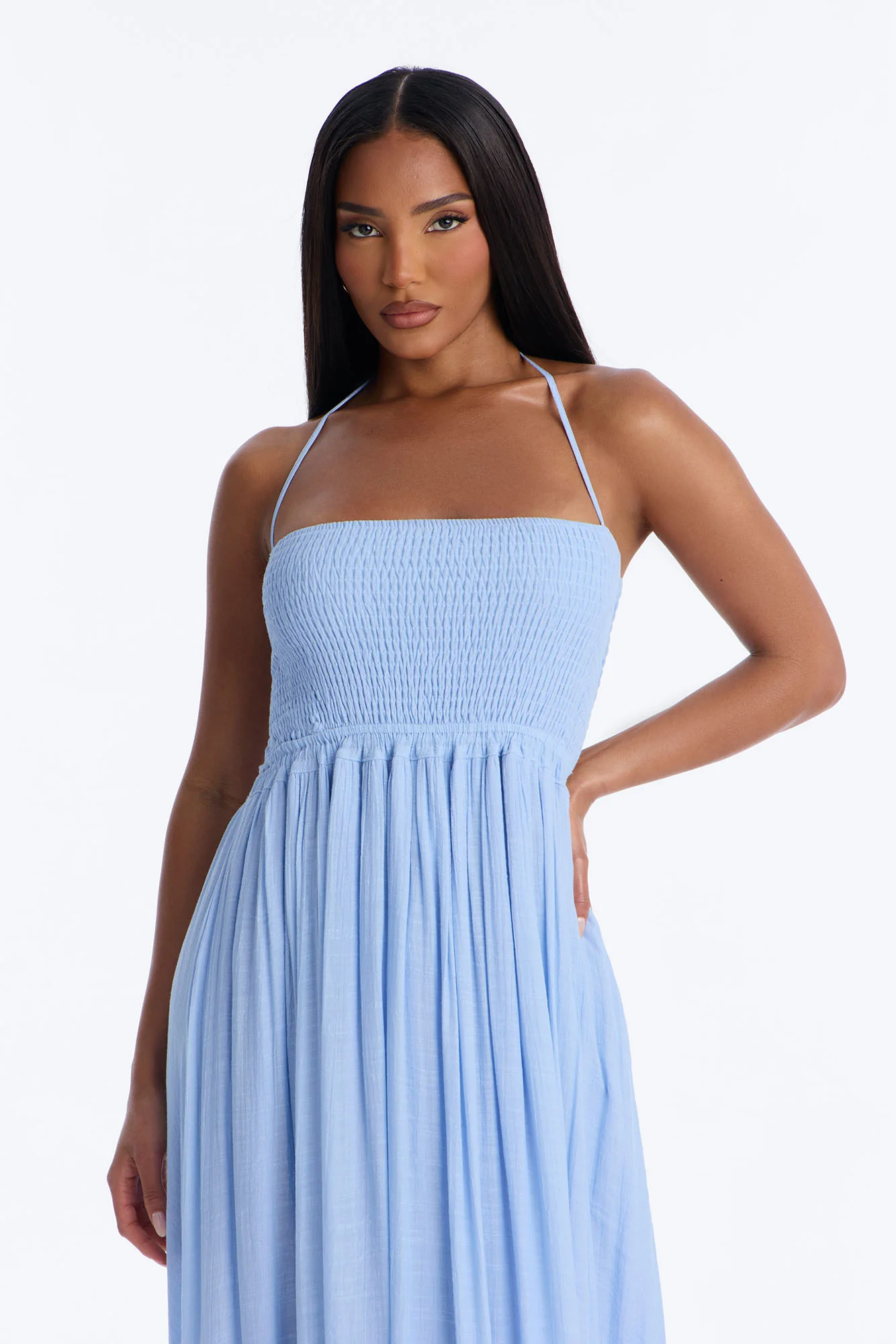 Eden Smocked Linen Maxi Dress - Light Blue - Image 2