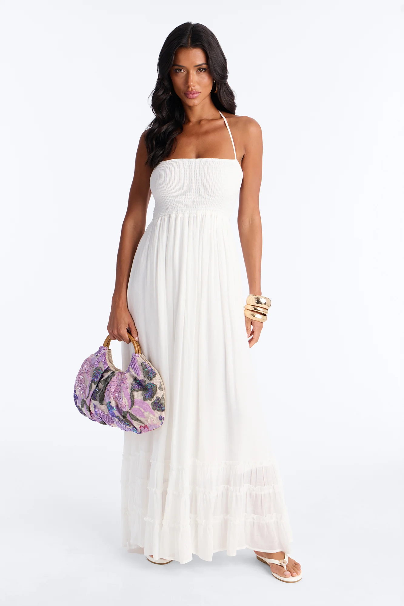 Eden Smocked Linen Maxi Dress - White