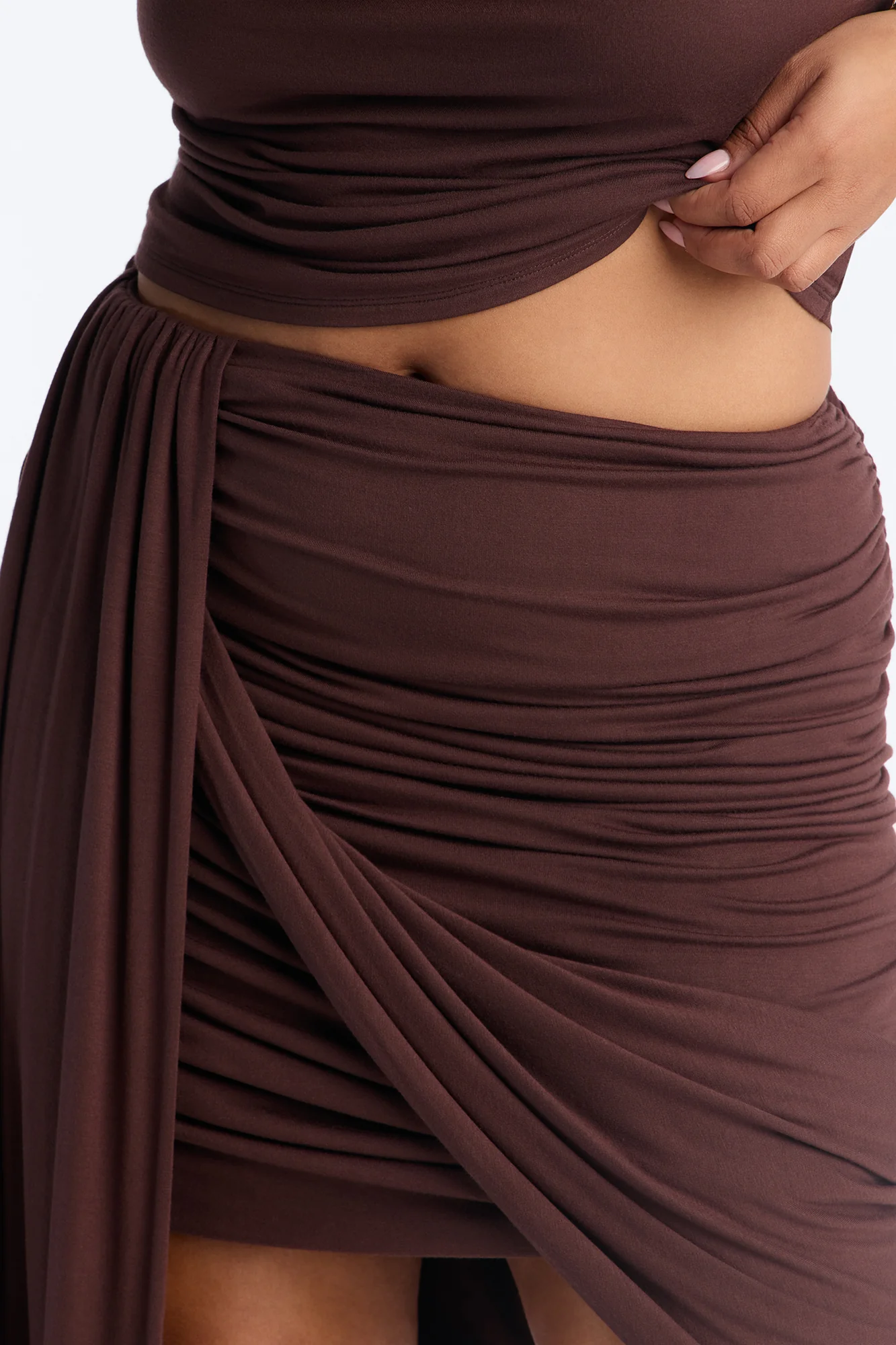 Effortless Edge Draped Midi Skirt - Chocolate - Image 7