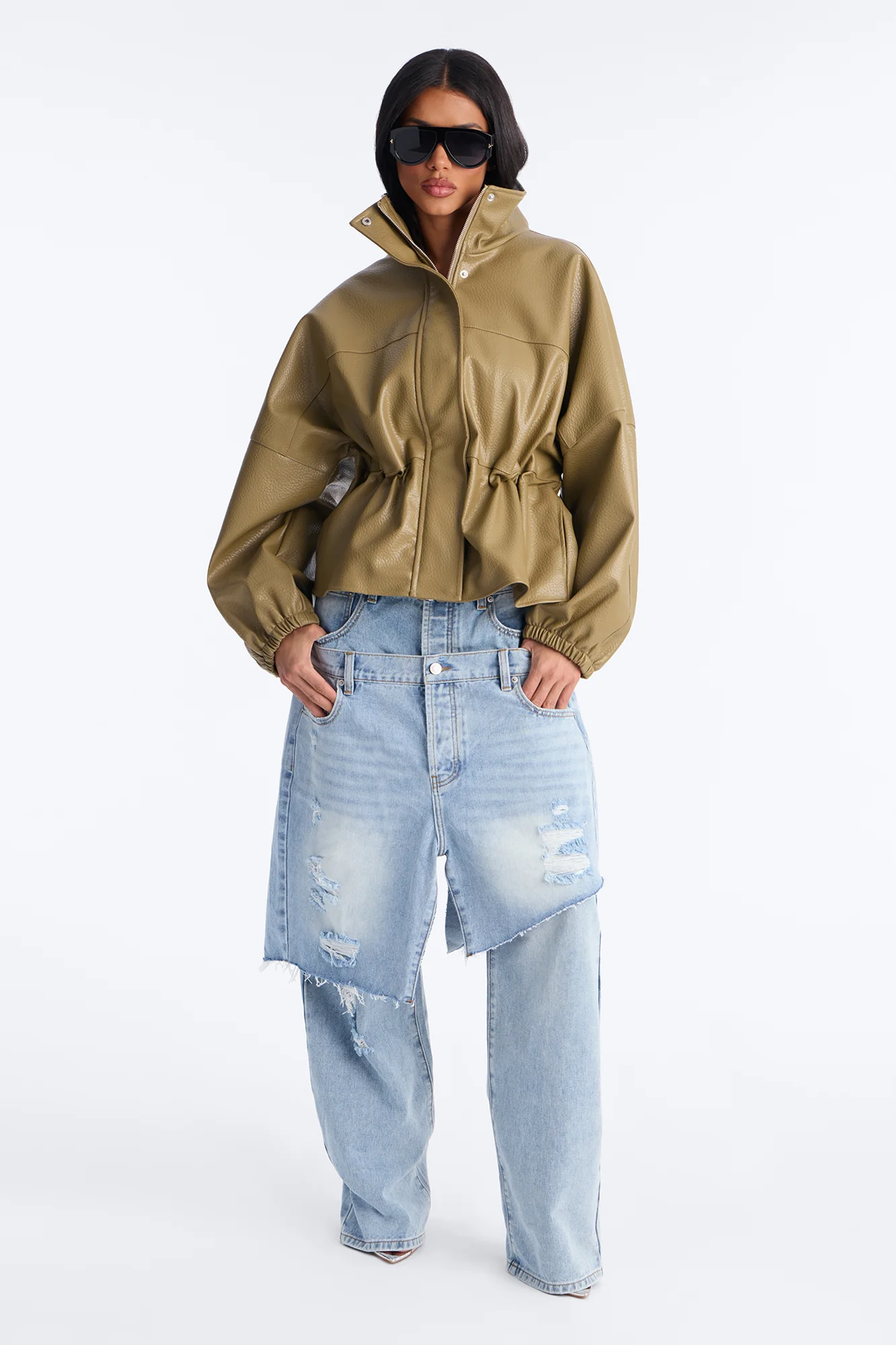 Effortless Funnel Neck Faux Leather Anorak - Olive - Image 2