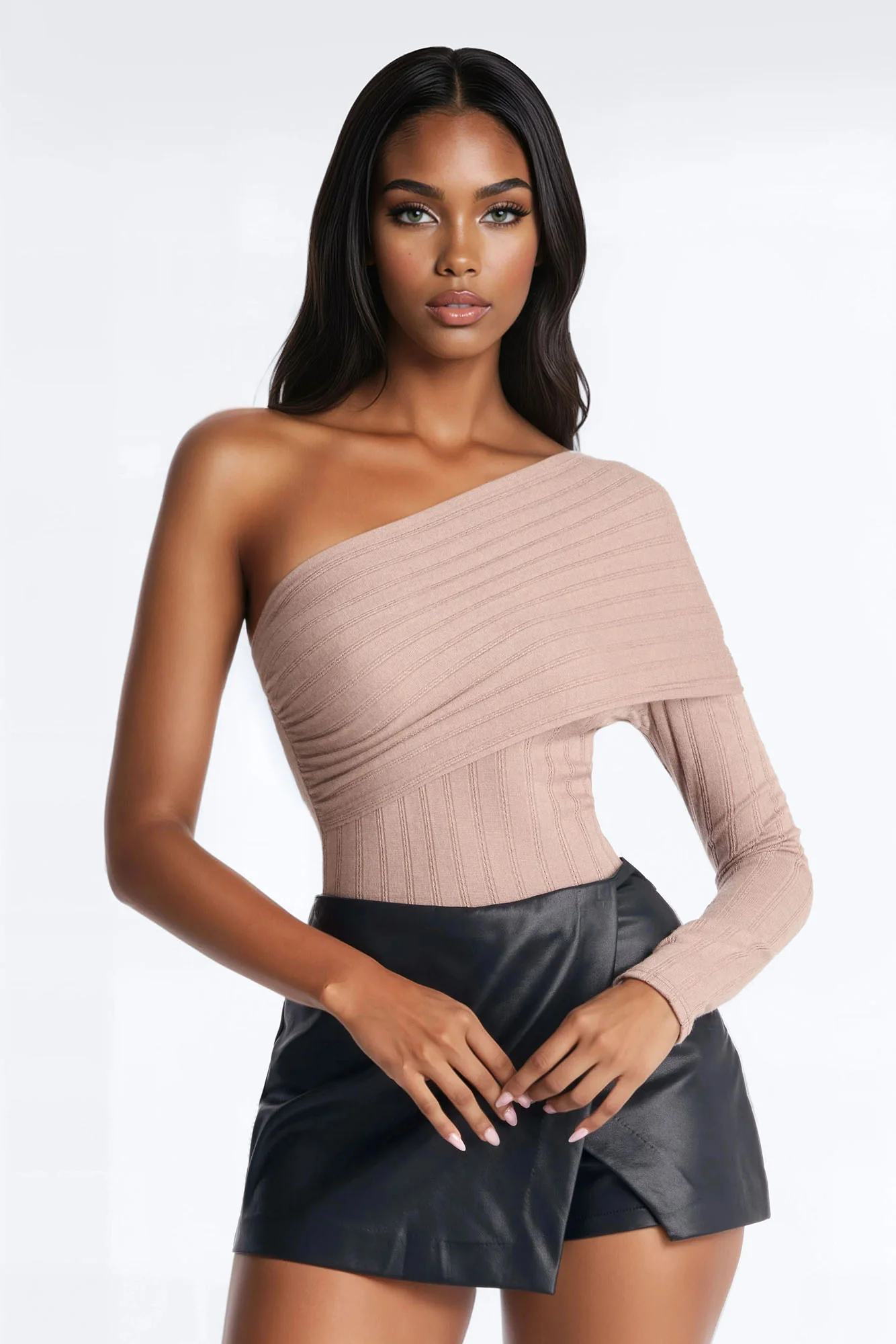 Effortless Vibe One Shoulder Long Sleeve Bodysuit - Taupe - Image 3