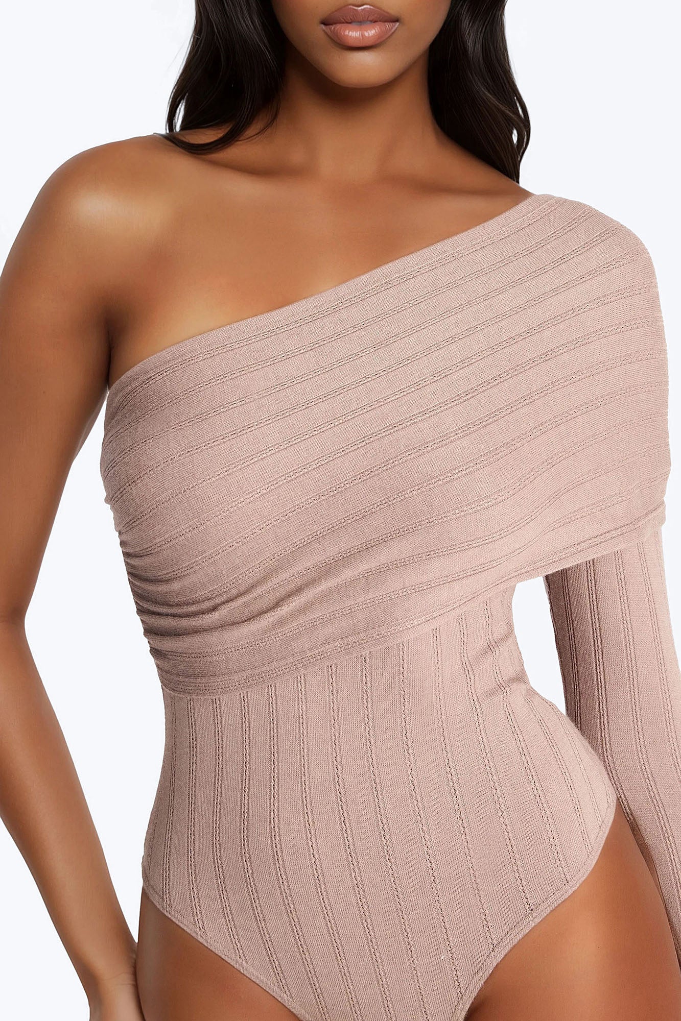 Effortless Vibe One Shoulder Long Sleeve Bodysuit - Taupe - Image 4
