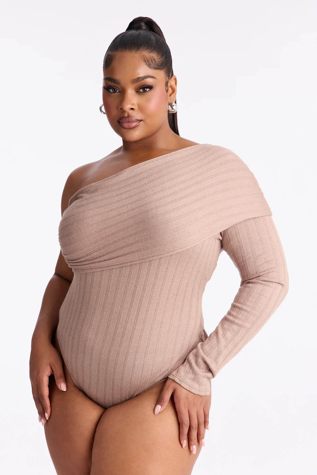 Effortless Vibe One Shoulder Long Sleeve Bodysuit - Taupe - Image 6