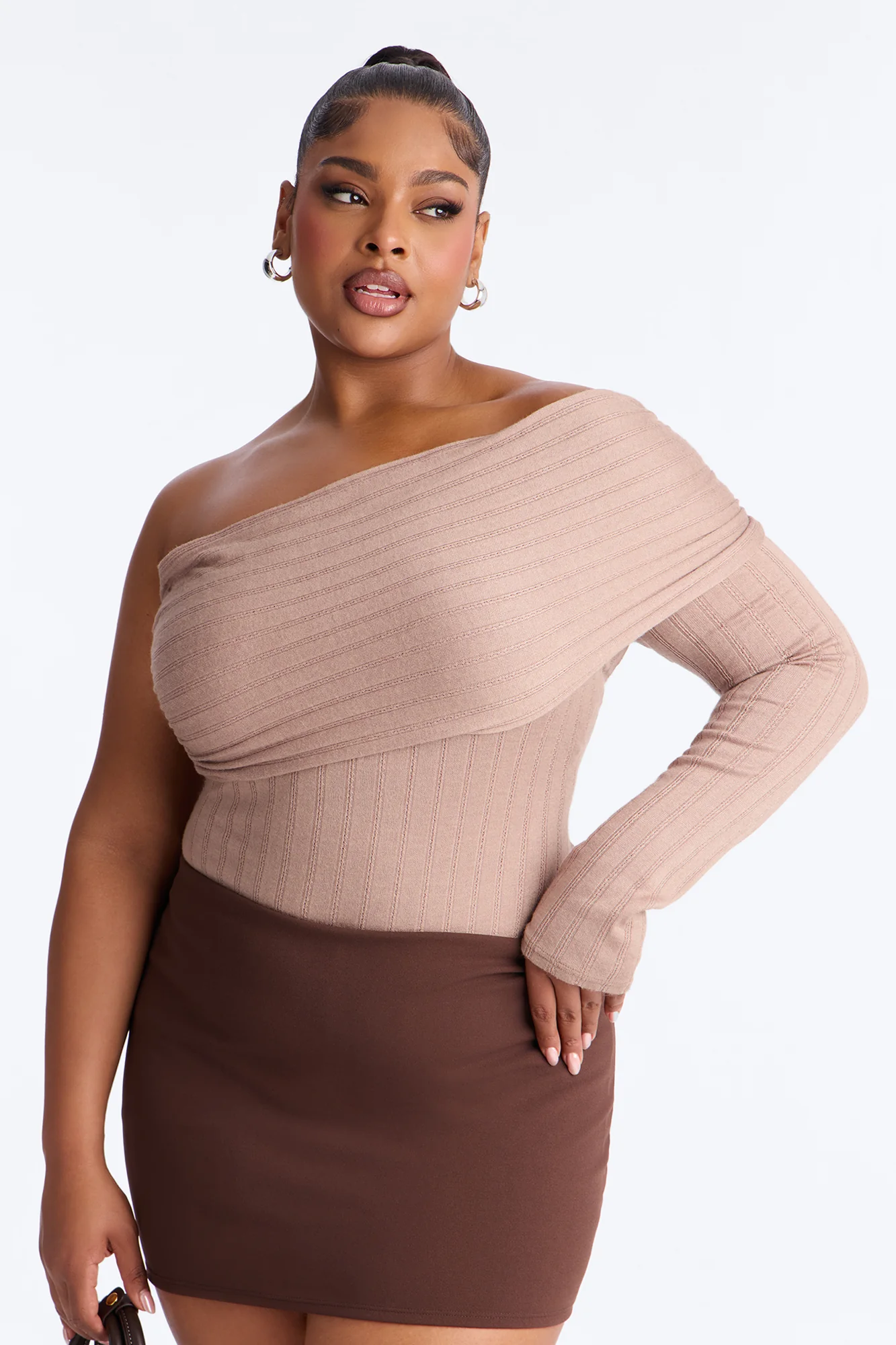 Effortless Vibe One Shoulder Long Sleeve Bodysuit - Taupe - Image 8