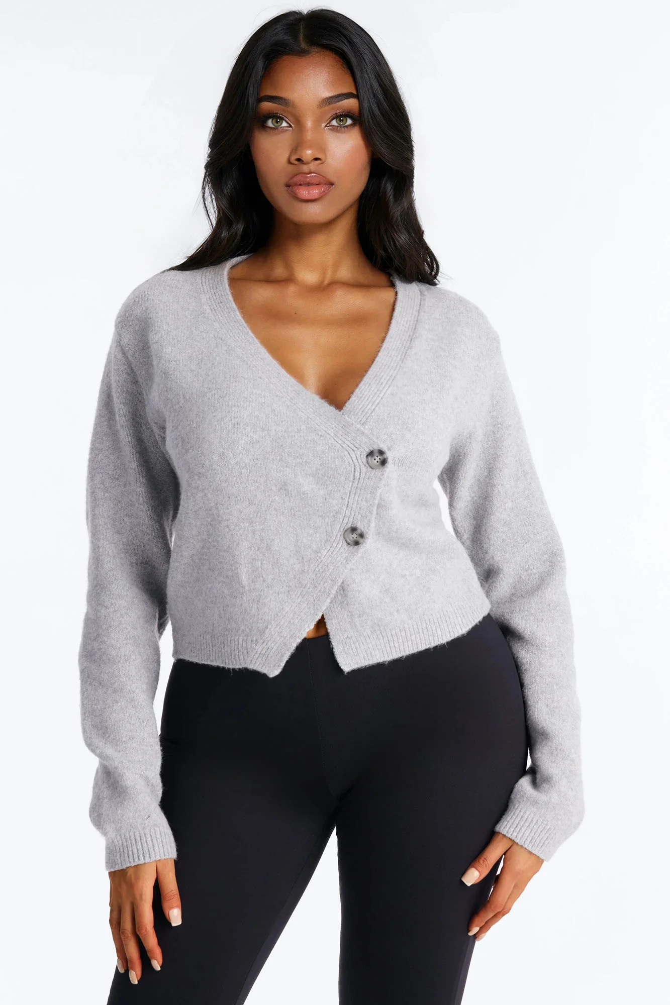 Elaia Asymmetric Button Front Cardigan Sweater - Grey