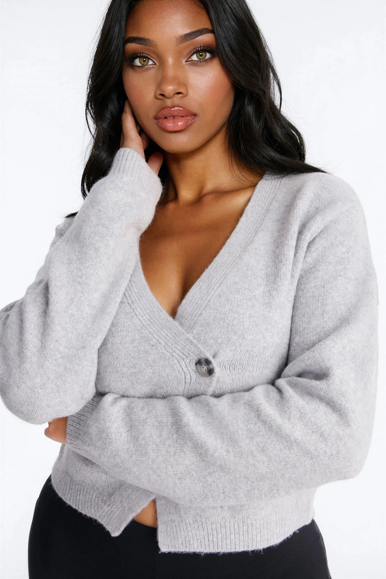 Elaia Asymmetric Button Front Cardigan Sweater - Grey - Image 3