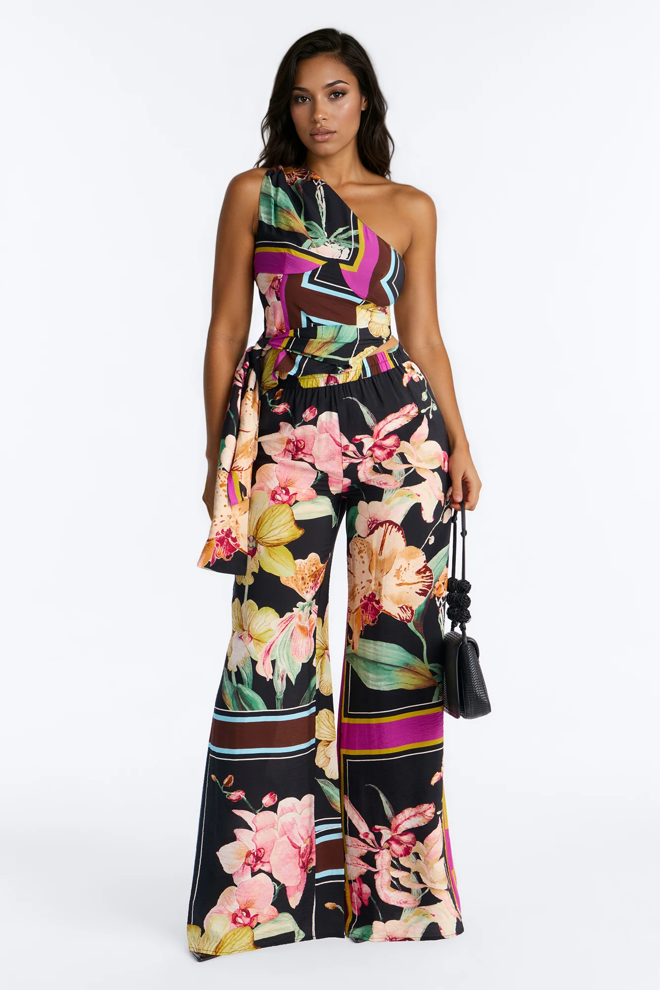Elara One Shoulder Floral Airflow Pant Set - Multi Color